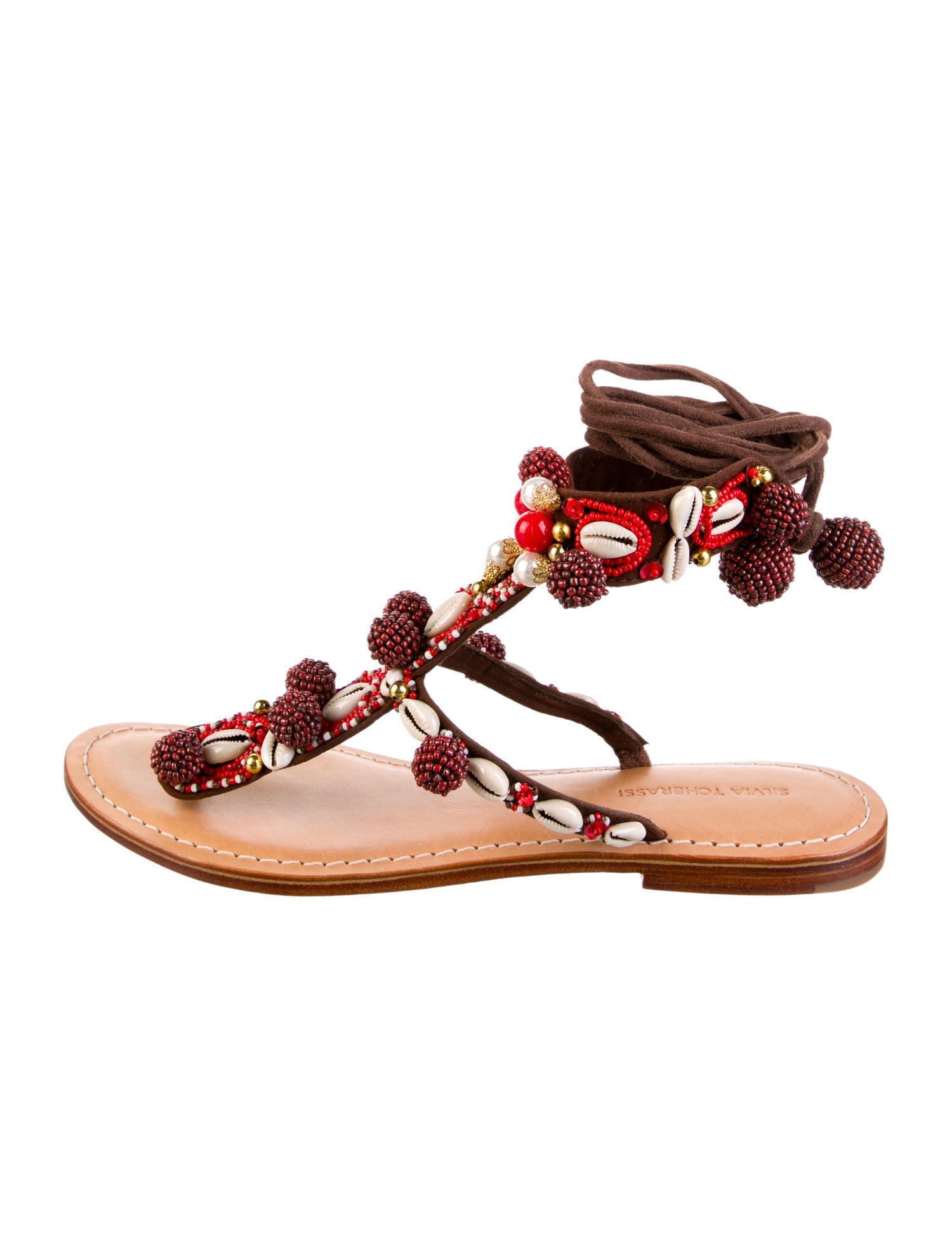 Silvia Tcherassi Faux Pearl Accents Suede Gladiator Sandals