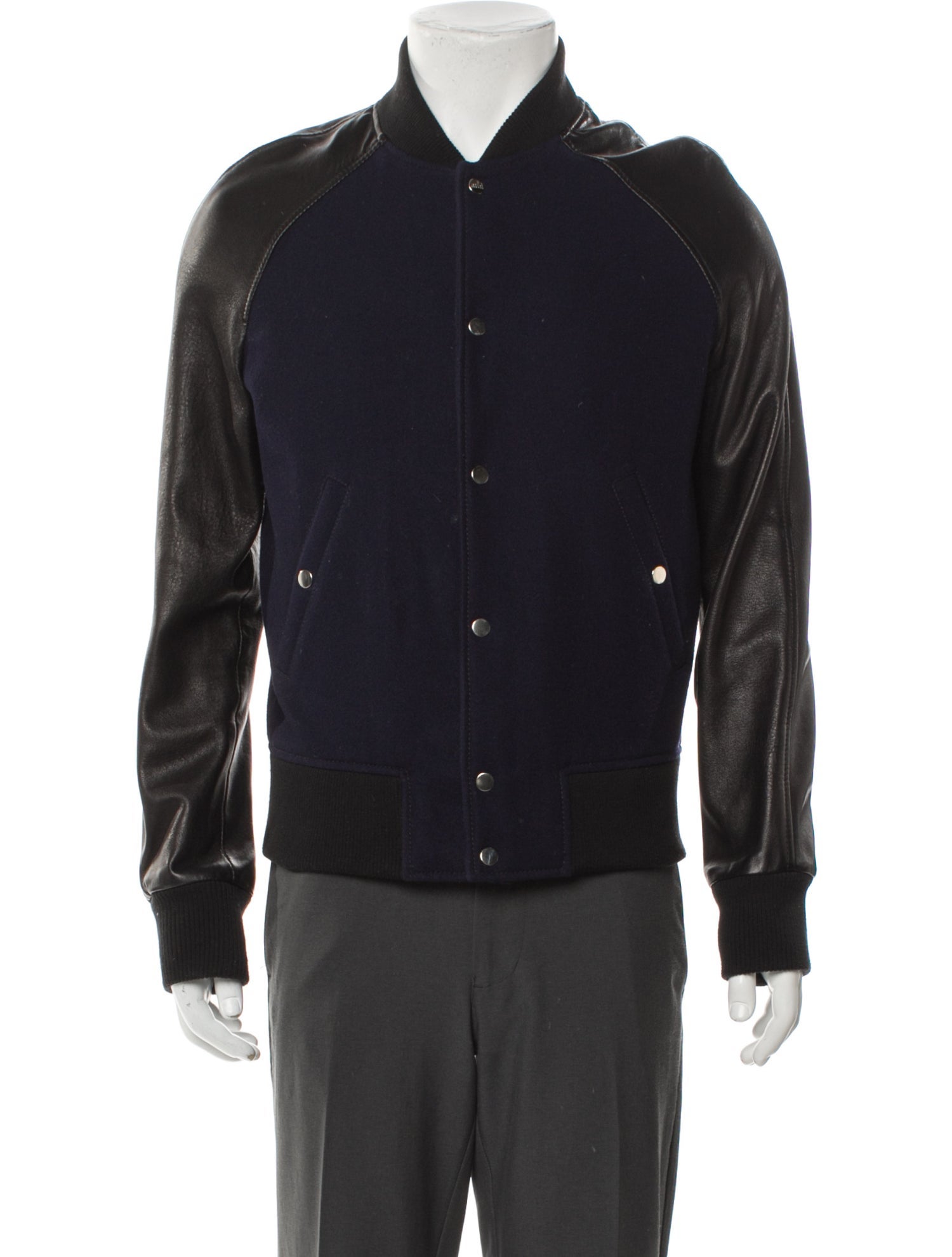 AMI Lamb Leather Colorblock Pattern Bomber Jacket