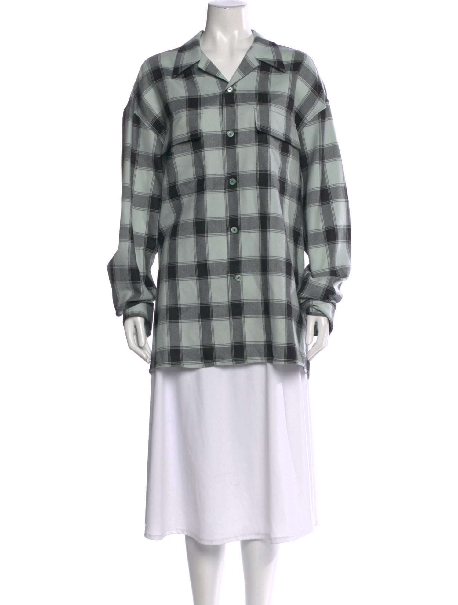 AMI Virgin Wool Plaid Print Button-Up Top