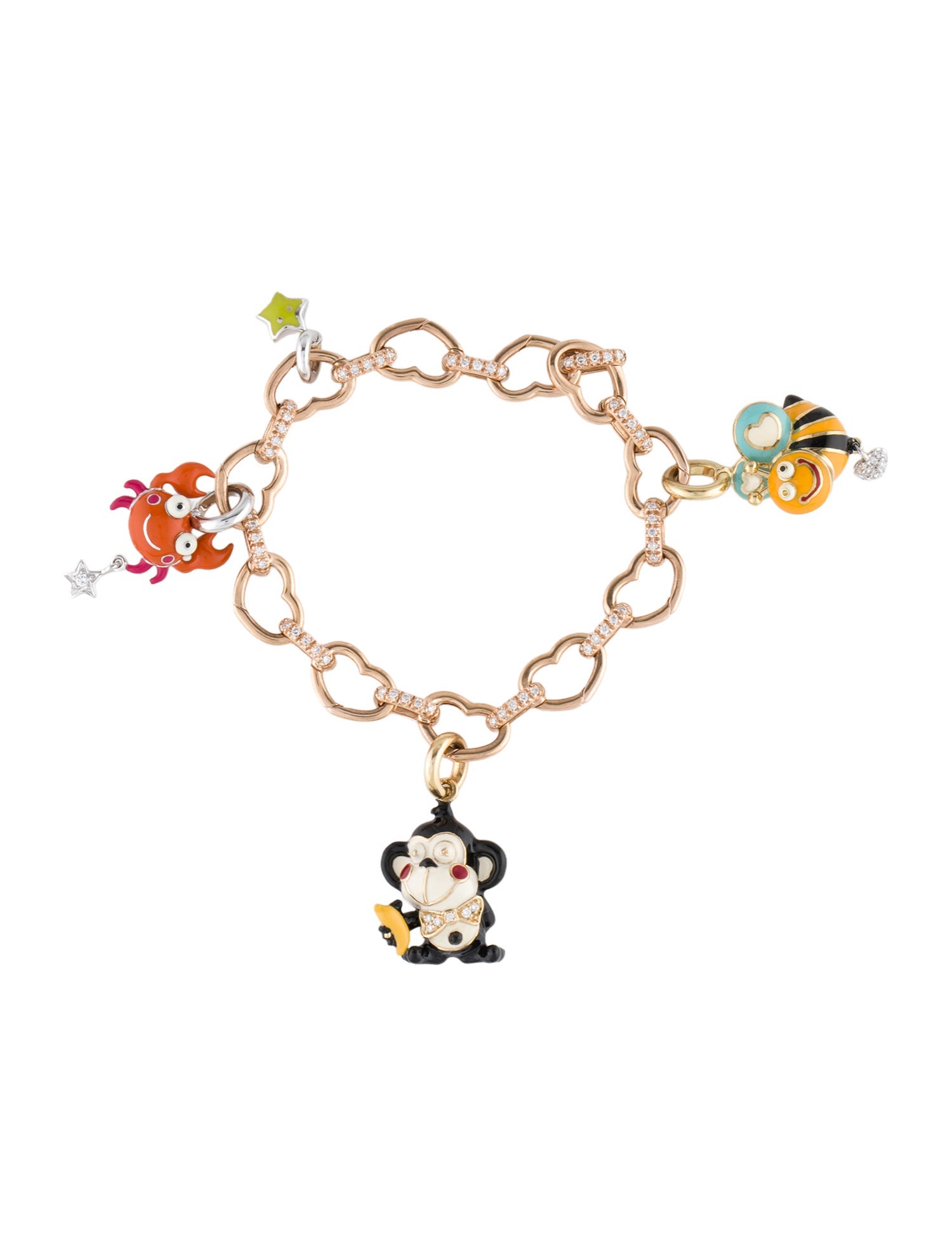 Aaron Basha 18K Enamel & Diamond Bar Heart Link 4 / Charms Bracelet
