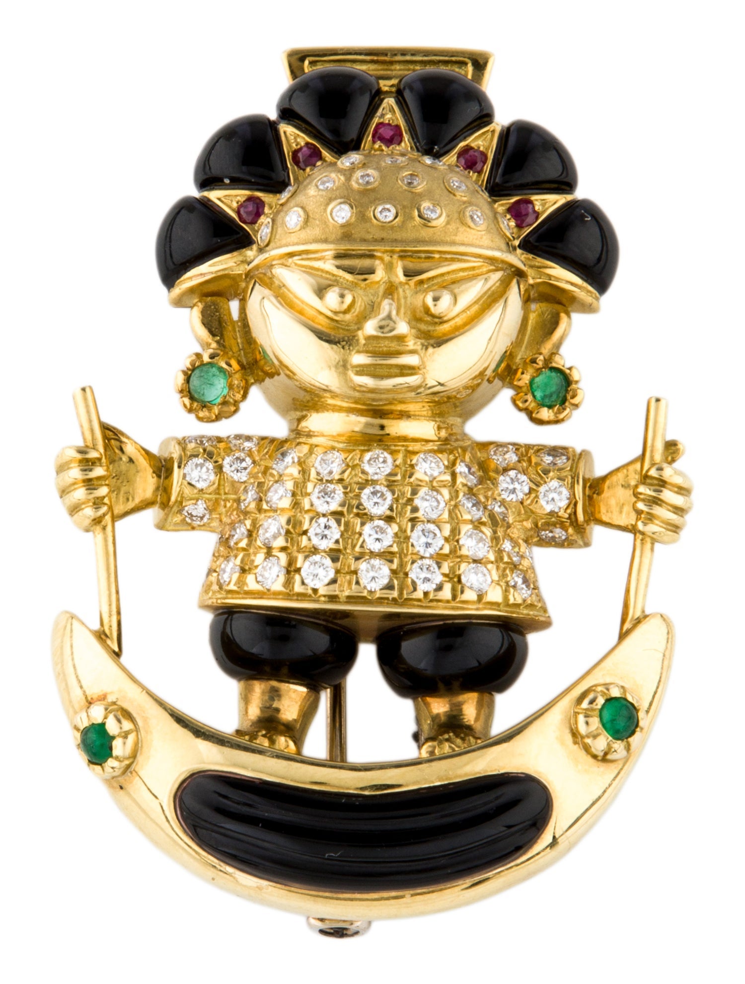 Aldo Cipullo x Cartier Vintage 18K Emerald, Ruby, Onyx & Diamond Warrior Brooch