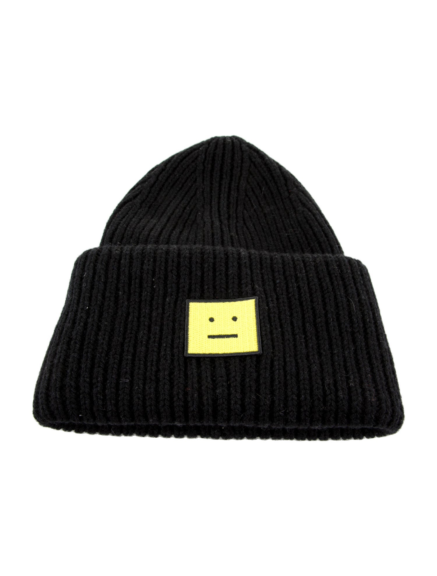 Acne Studios Wool Black Pleated Beanie w/ Embroidered Yellow Smiley Face At Front