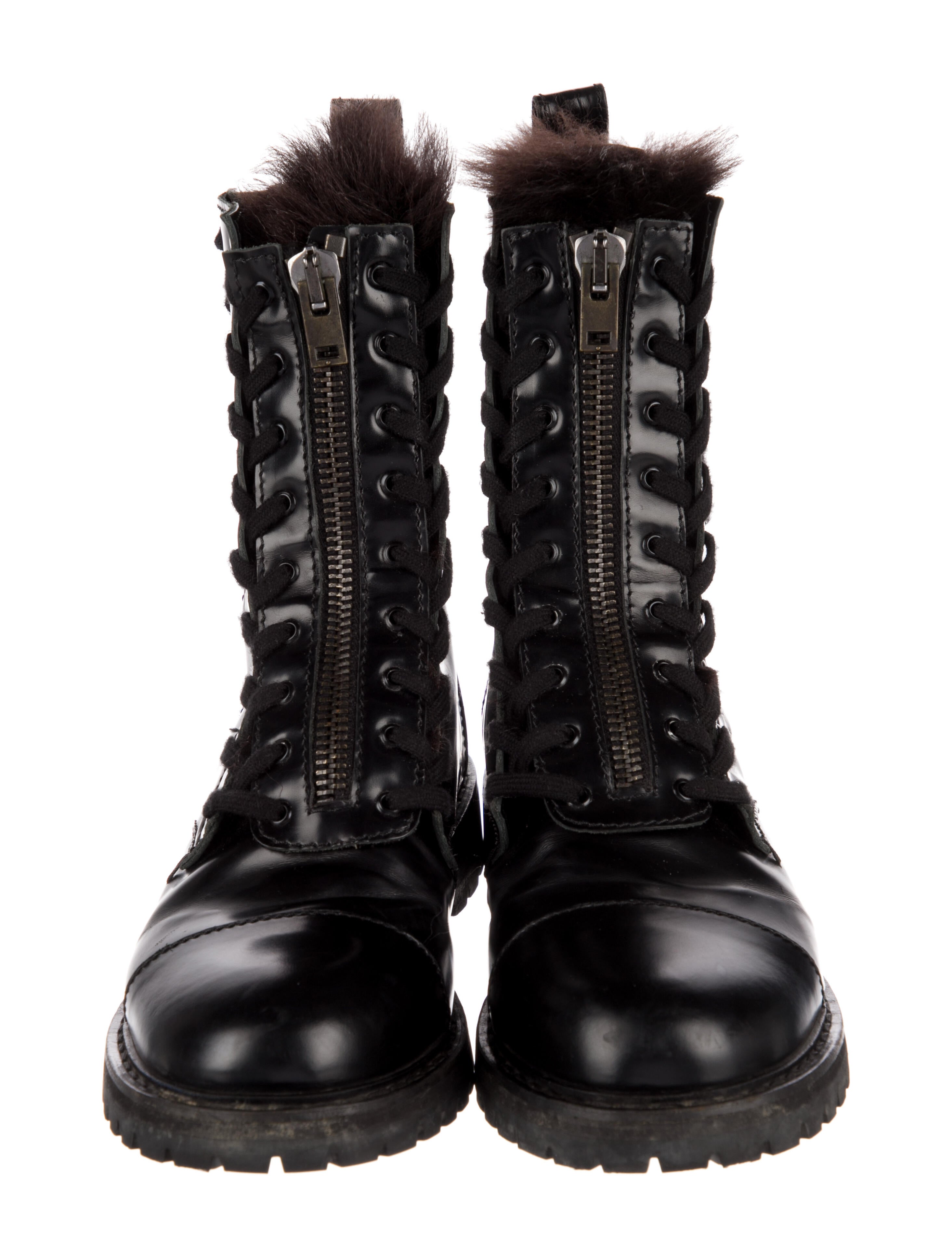 Acne Studios Leather Fur Trim Combat Boots Black Boots, Shoes