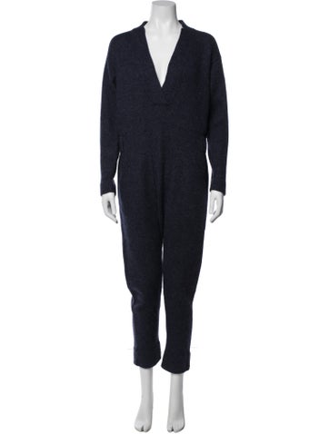 Pre-owned A Detacher Baby Alpaca V-neck Jumpsuit In Blue