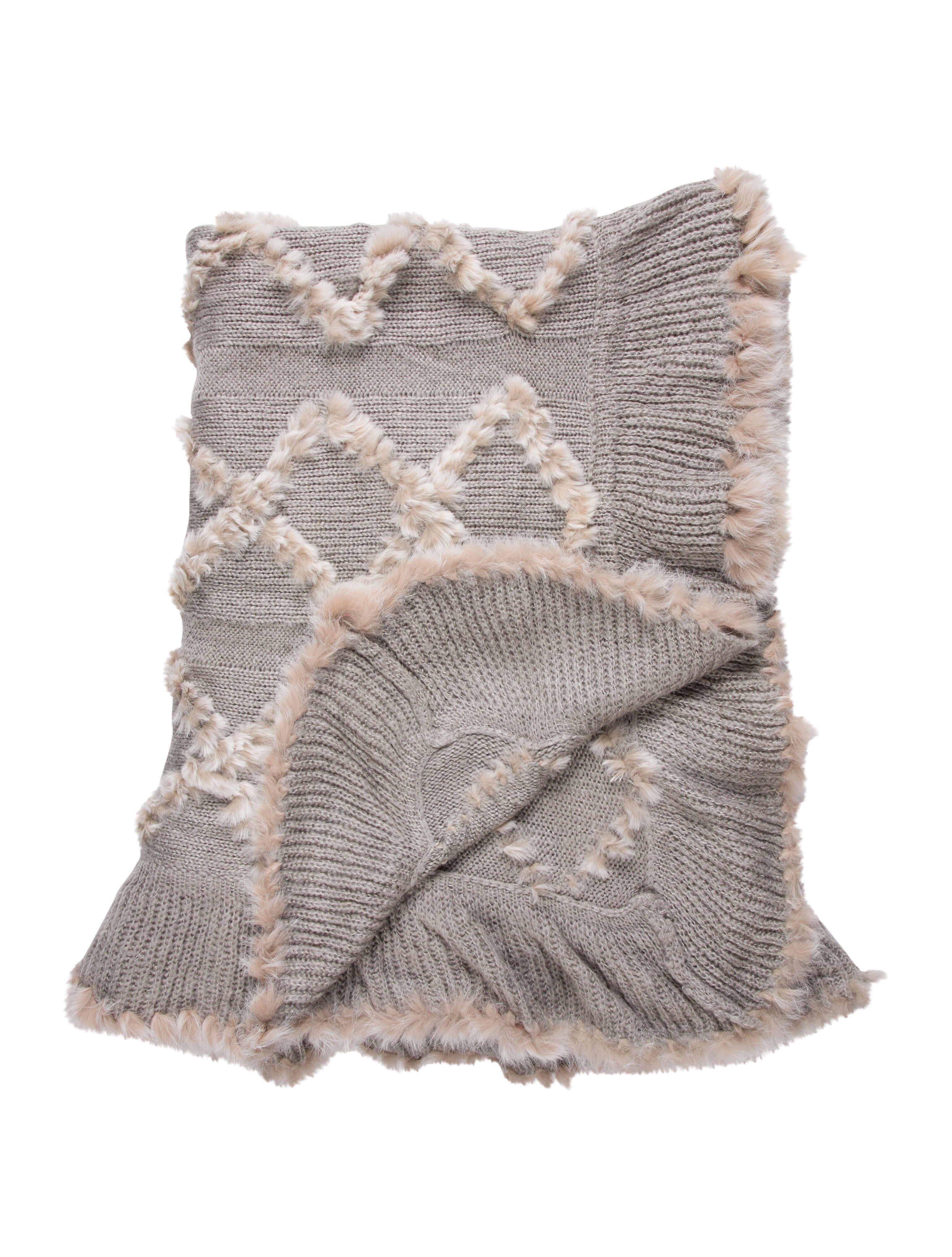 Adrienne Landau Rabbit Fur Trim Throw Blanket - Grey Throws, Pillows ...