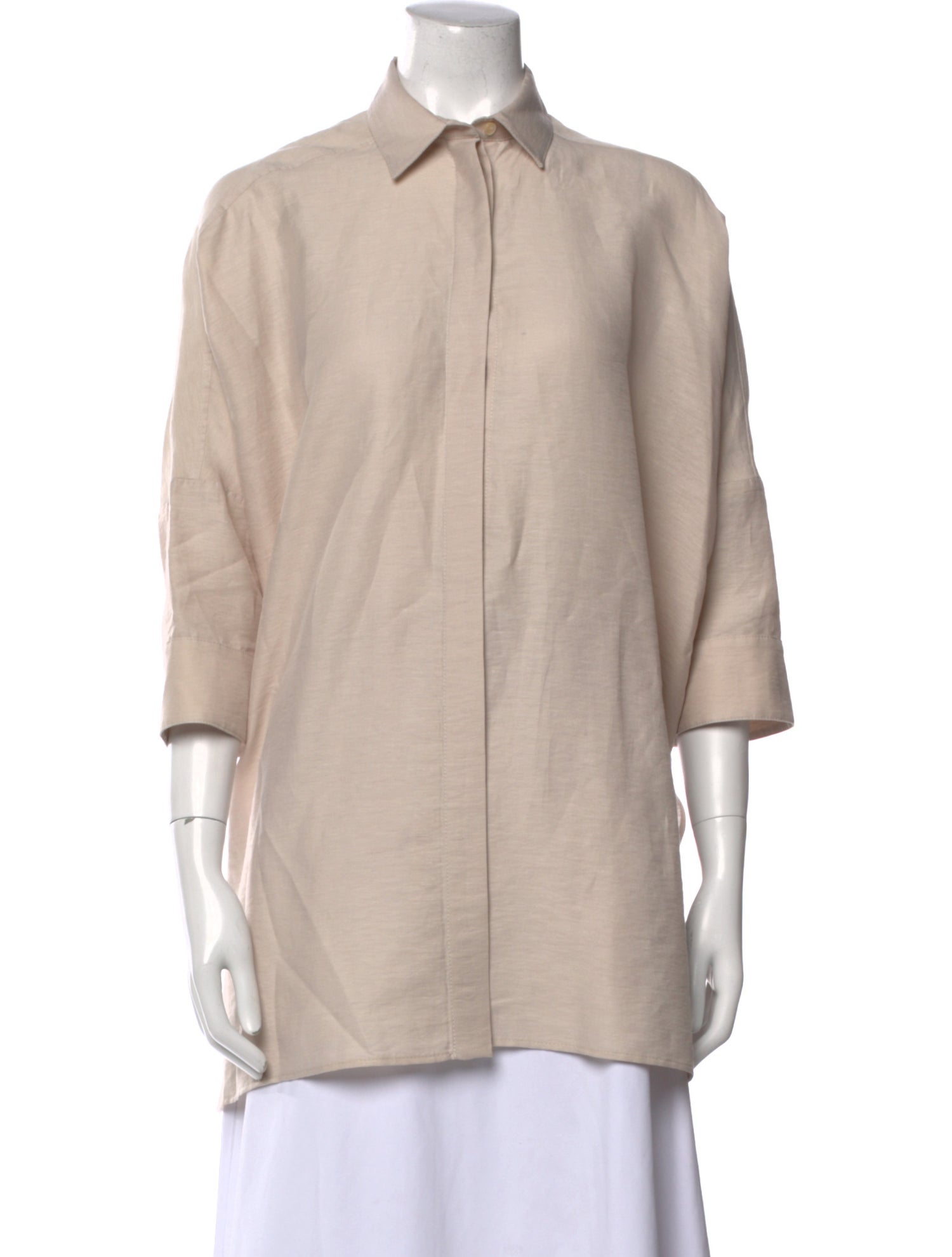 Agnona Linen Three-Quarter Sleeve Button-Up Top