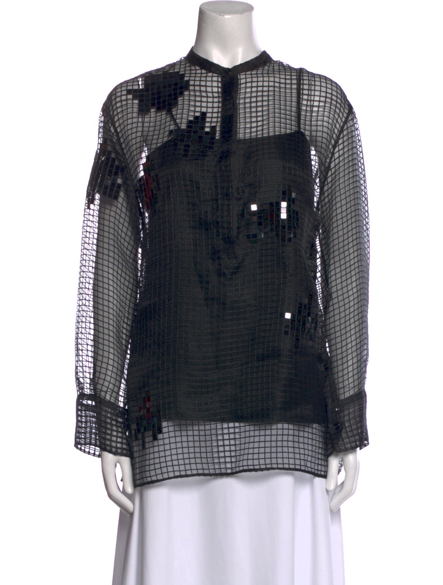 Akris Plaid Print Mock Neck Button-Up Top