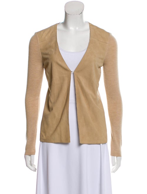 Akris Cashmere Leather-Trimmed Cardigan Tan