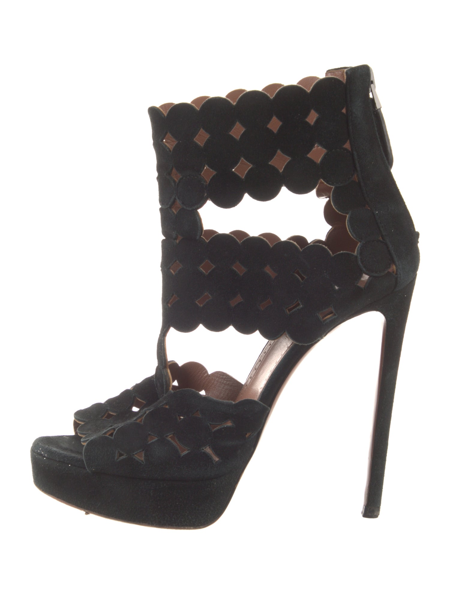 Alaïa Suede Scalloped Accent T-Strap Pumps