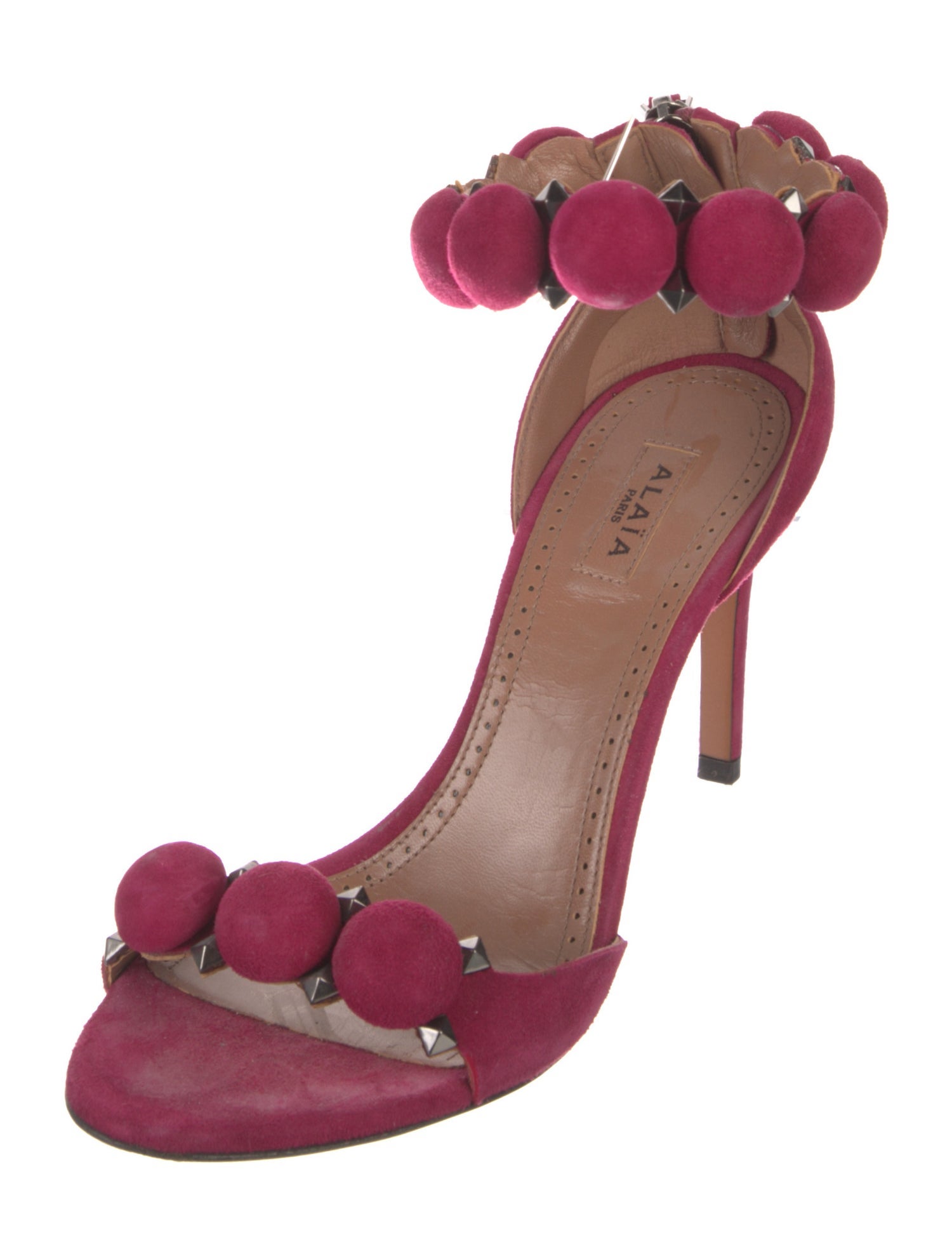 Alaïa T-Strap Pom Pom Suede Sandals