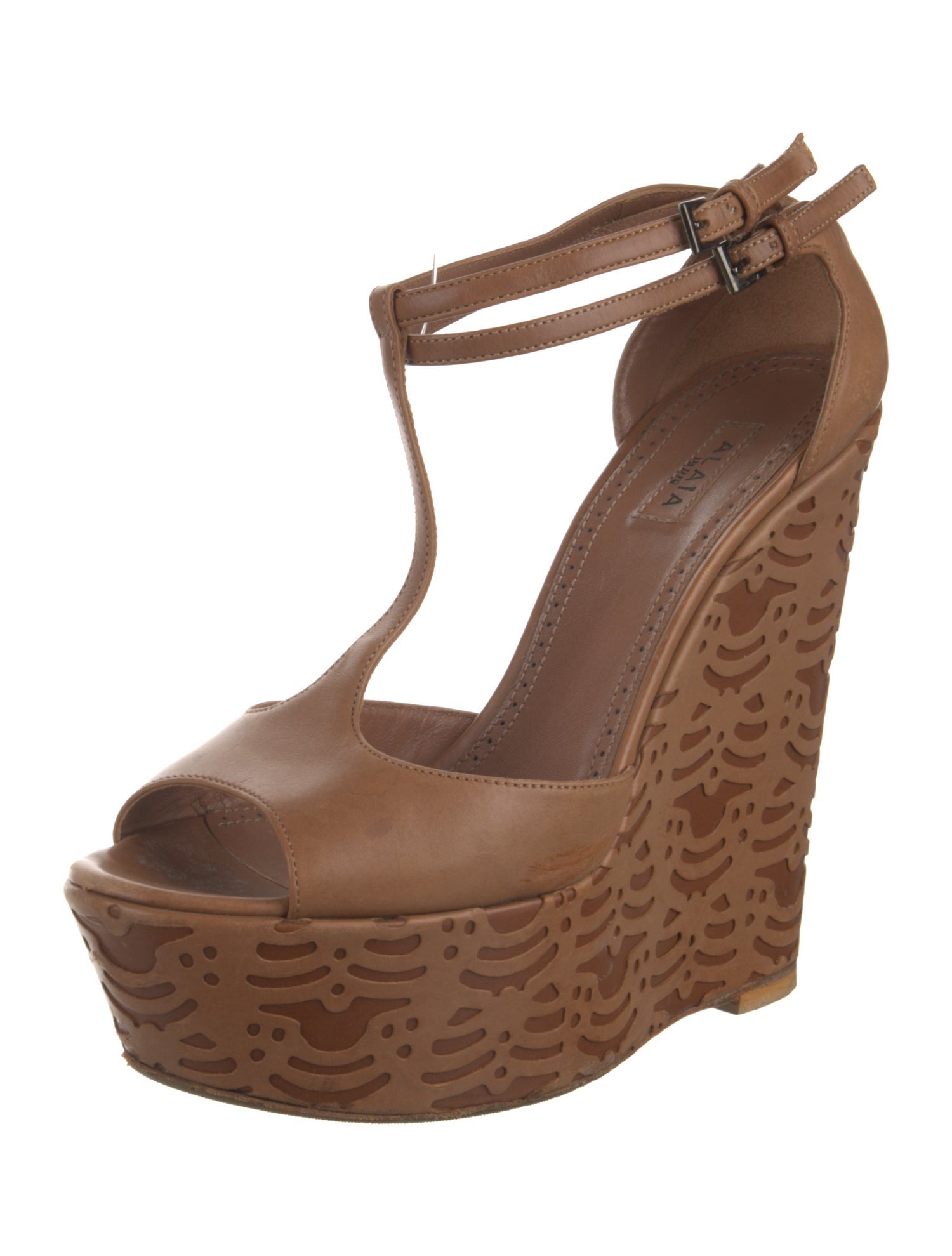 Alaïa Leather Lasercut Accents T-Strap Sandals