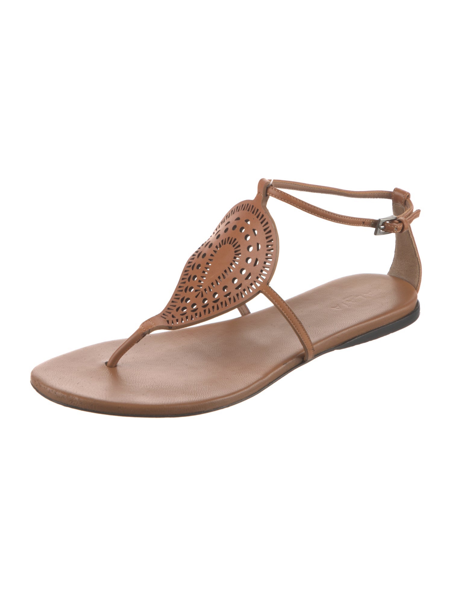 Alaïa Leather Lasercut Accents T-Strap Sandals