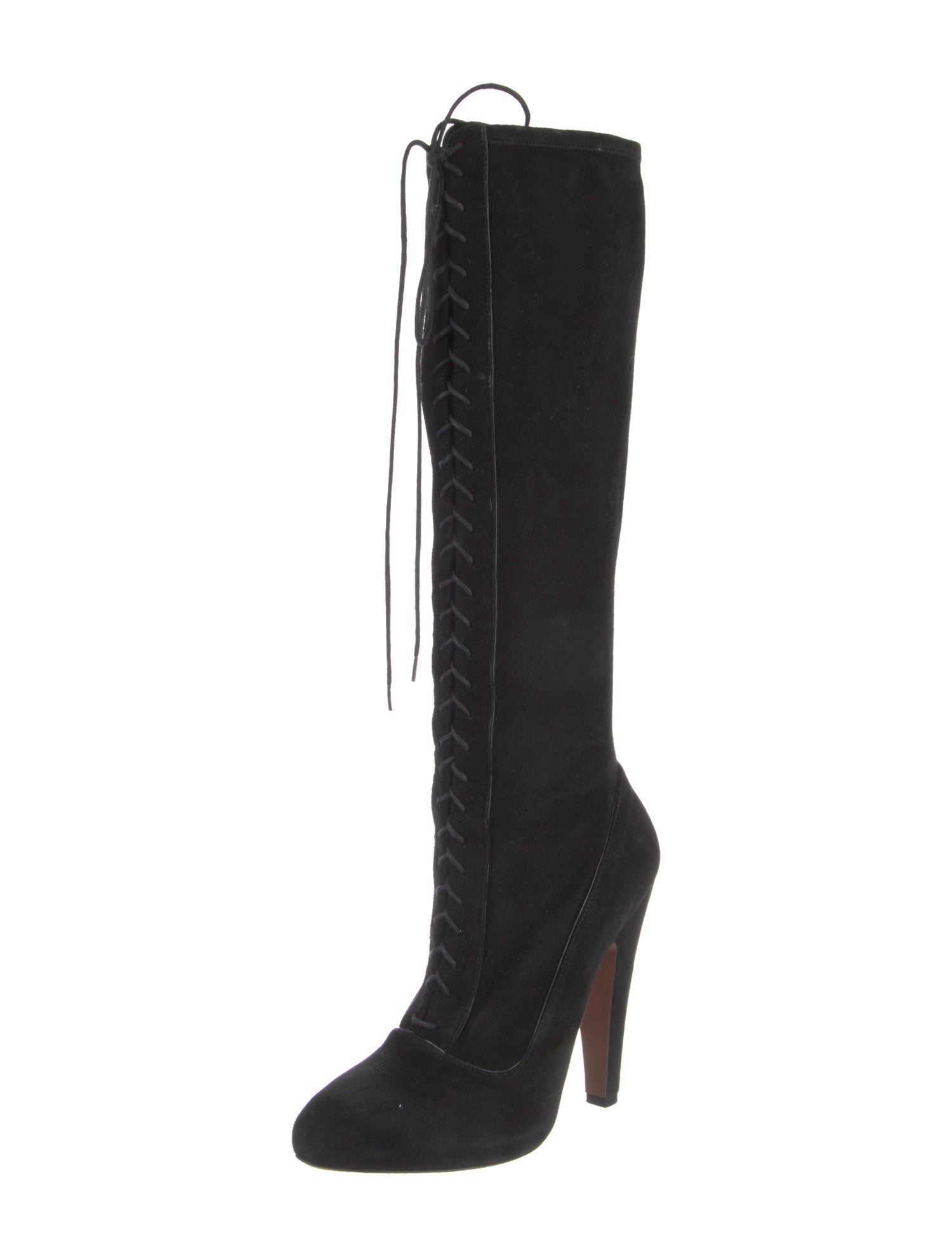 Alaïa Suede Leather Trim Embellishment Lace-Up Boots