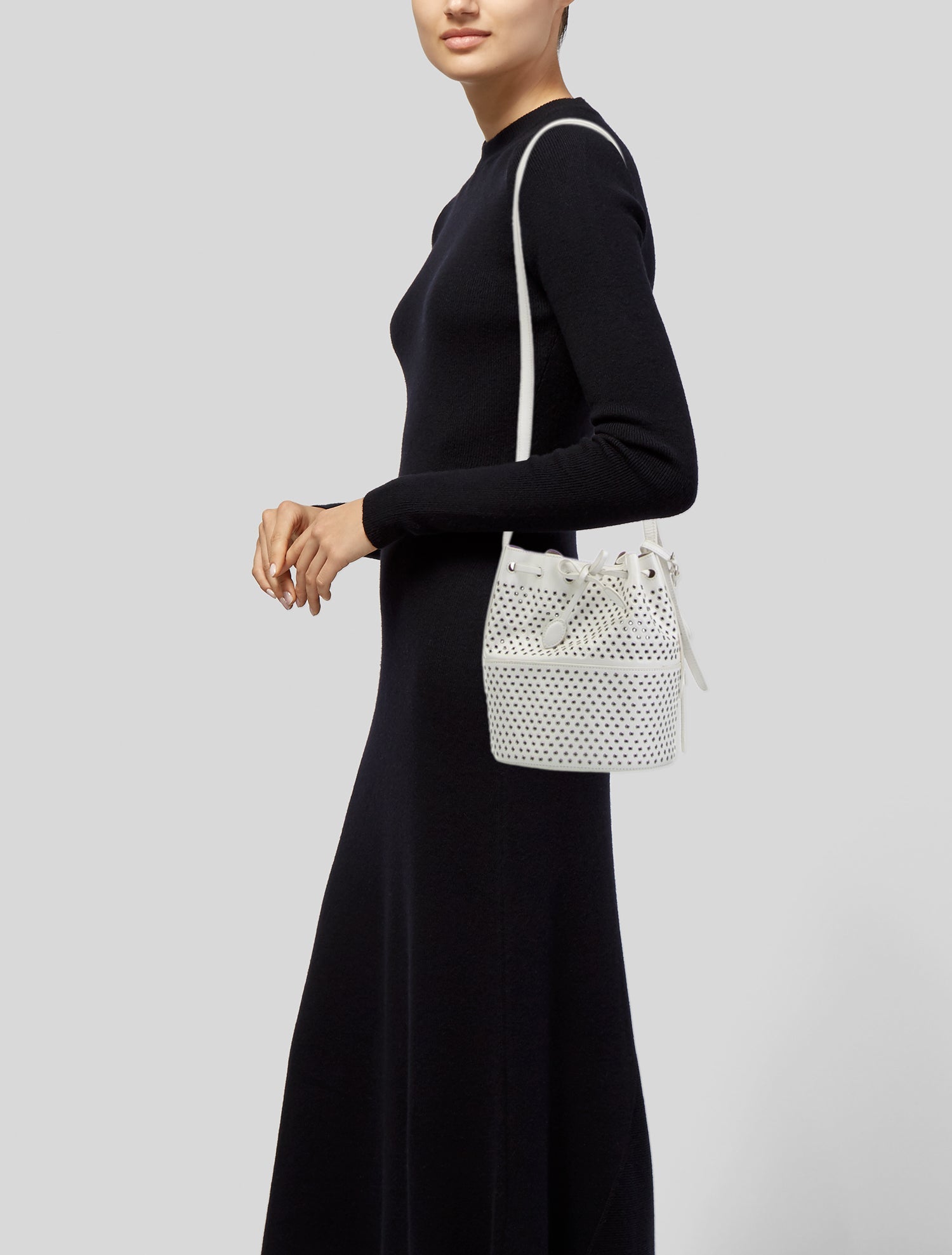 Alaïa Leather Embellished Bucket Bag White Bucket Bags, Handbags