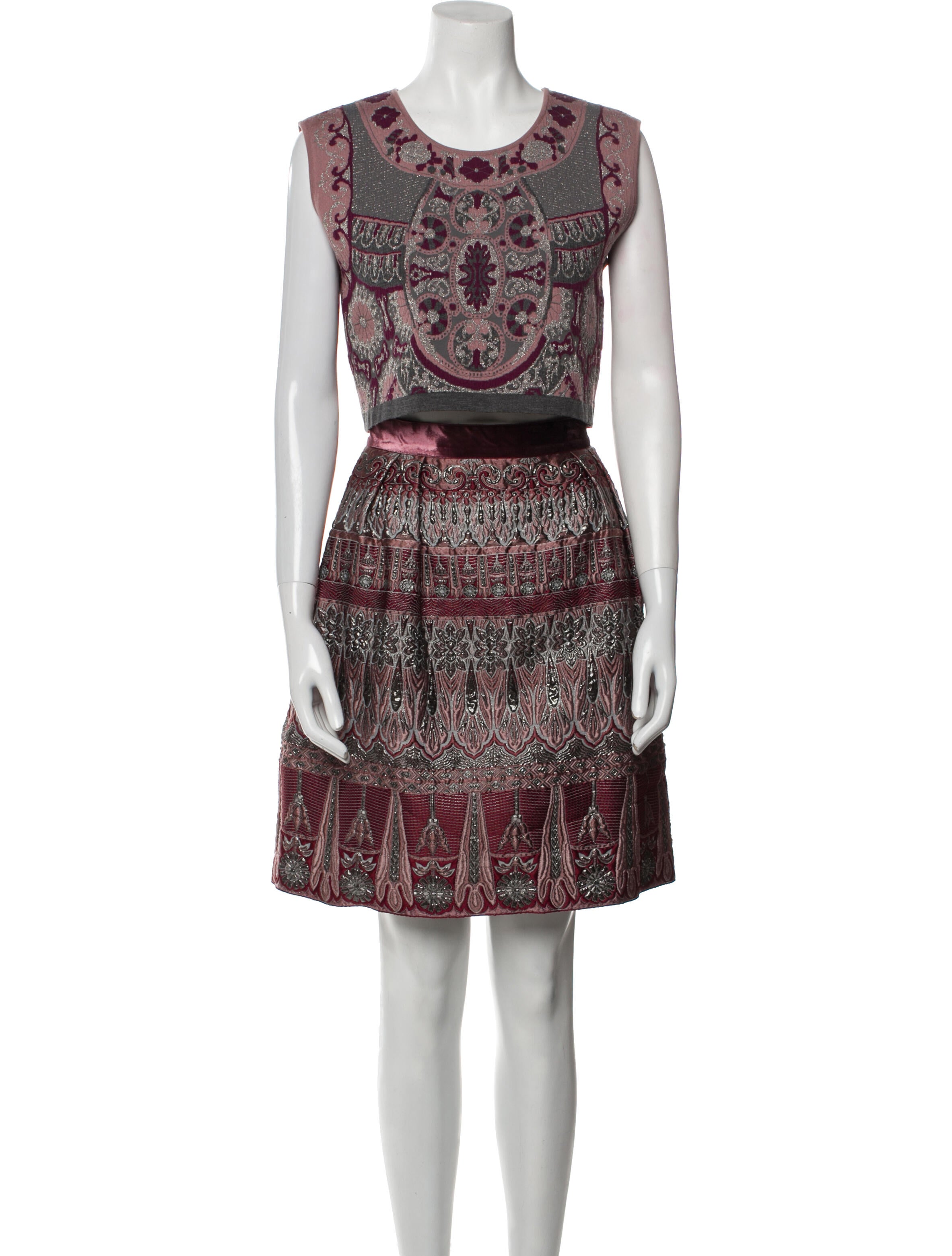 Alberta Ferretti Printed Embroidered Accent Skirt Set