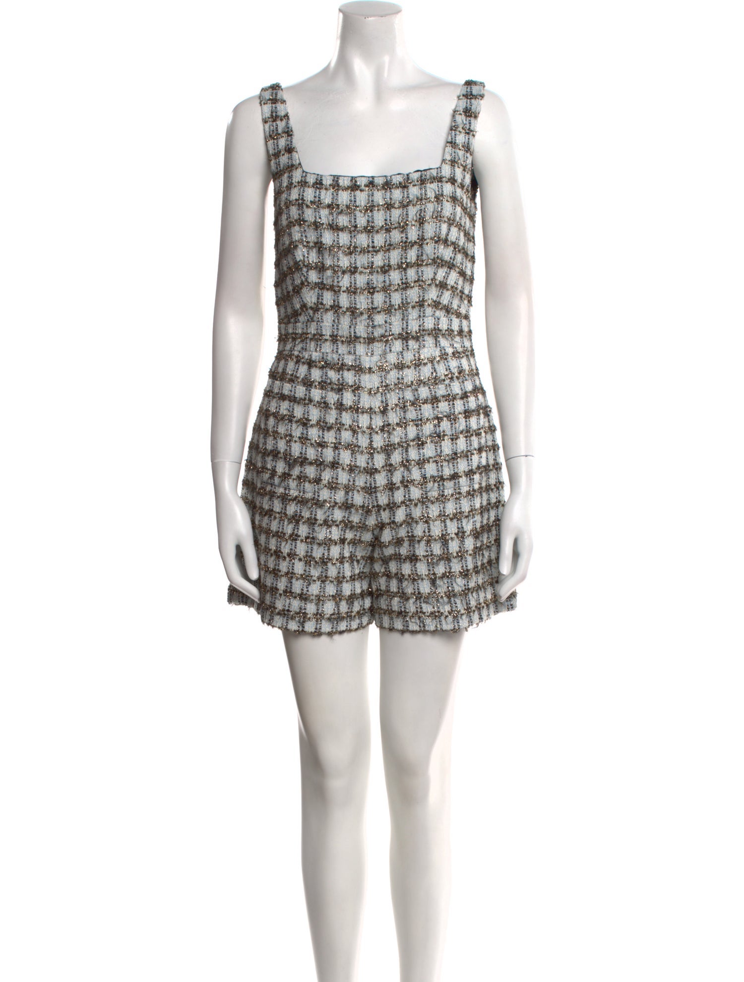 ALEXACHUNG Plaid Print Square Neckline Romper