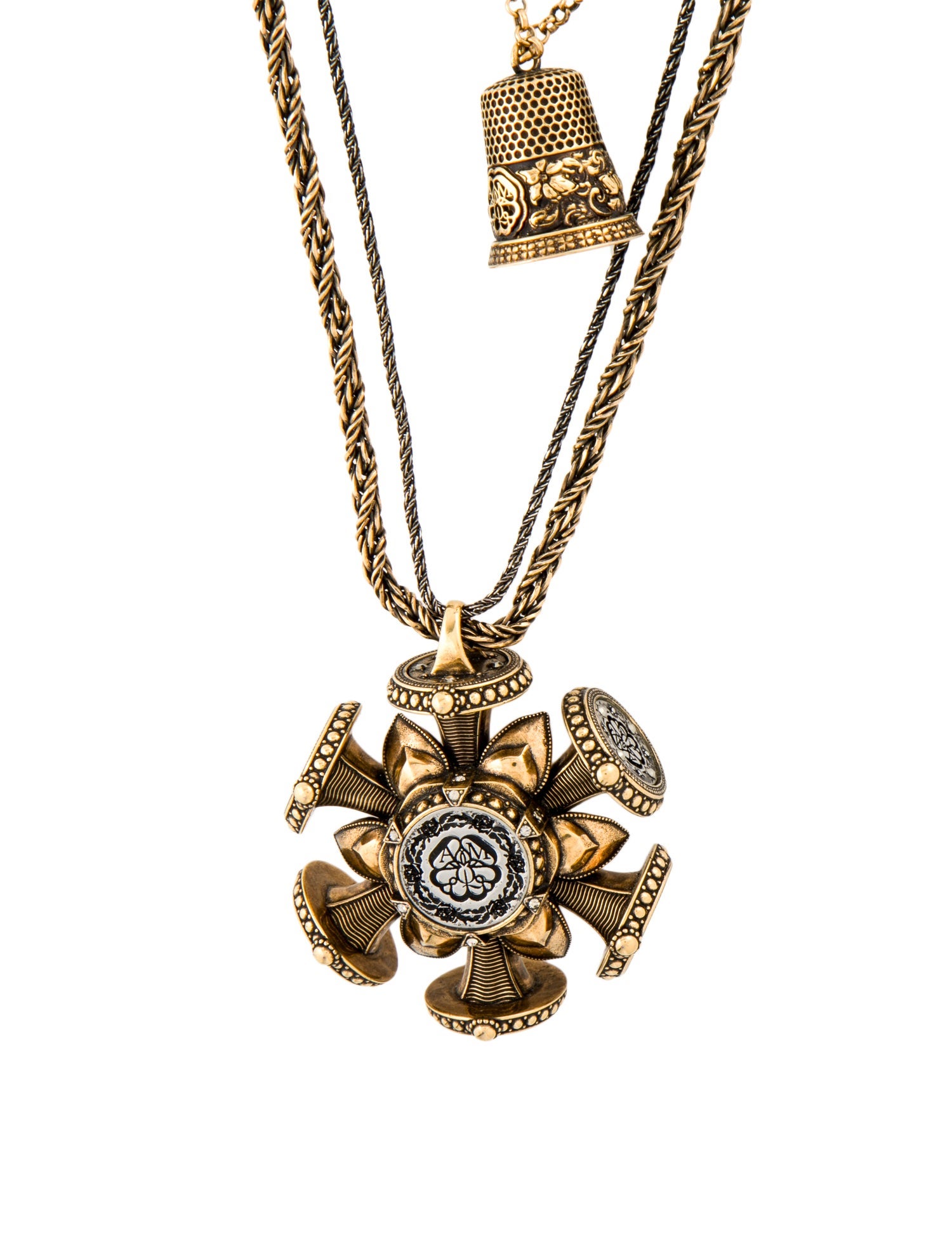 Alexander McQueen Rose Seal Double Strand Pendant Necklace GoldTone