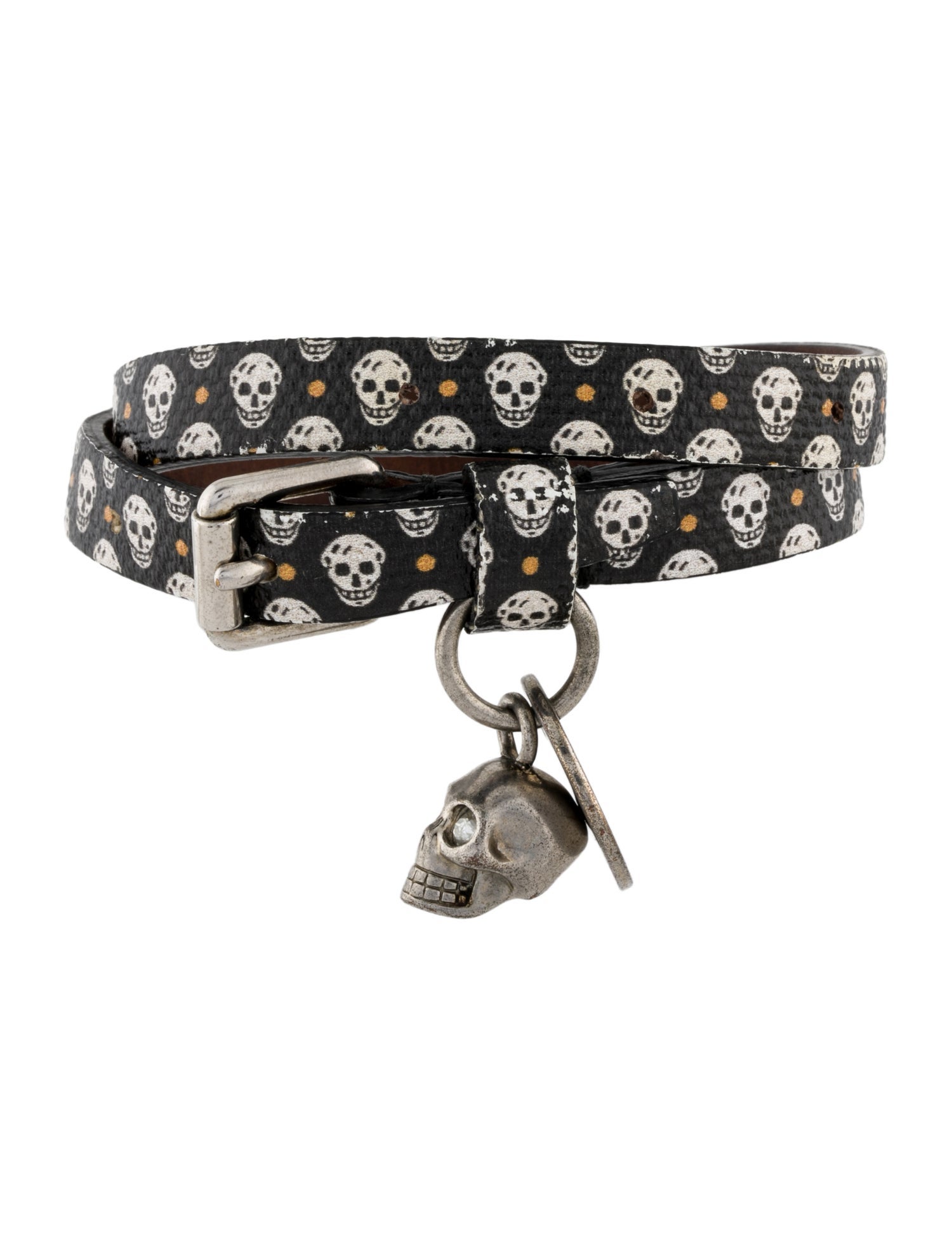 Alexander McQueen Leather & Crystal Skull Charm Double Wrap Bracelet