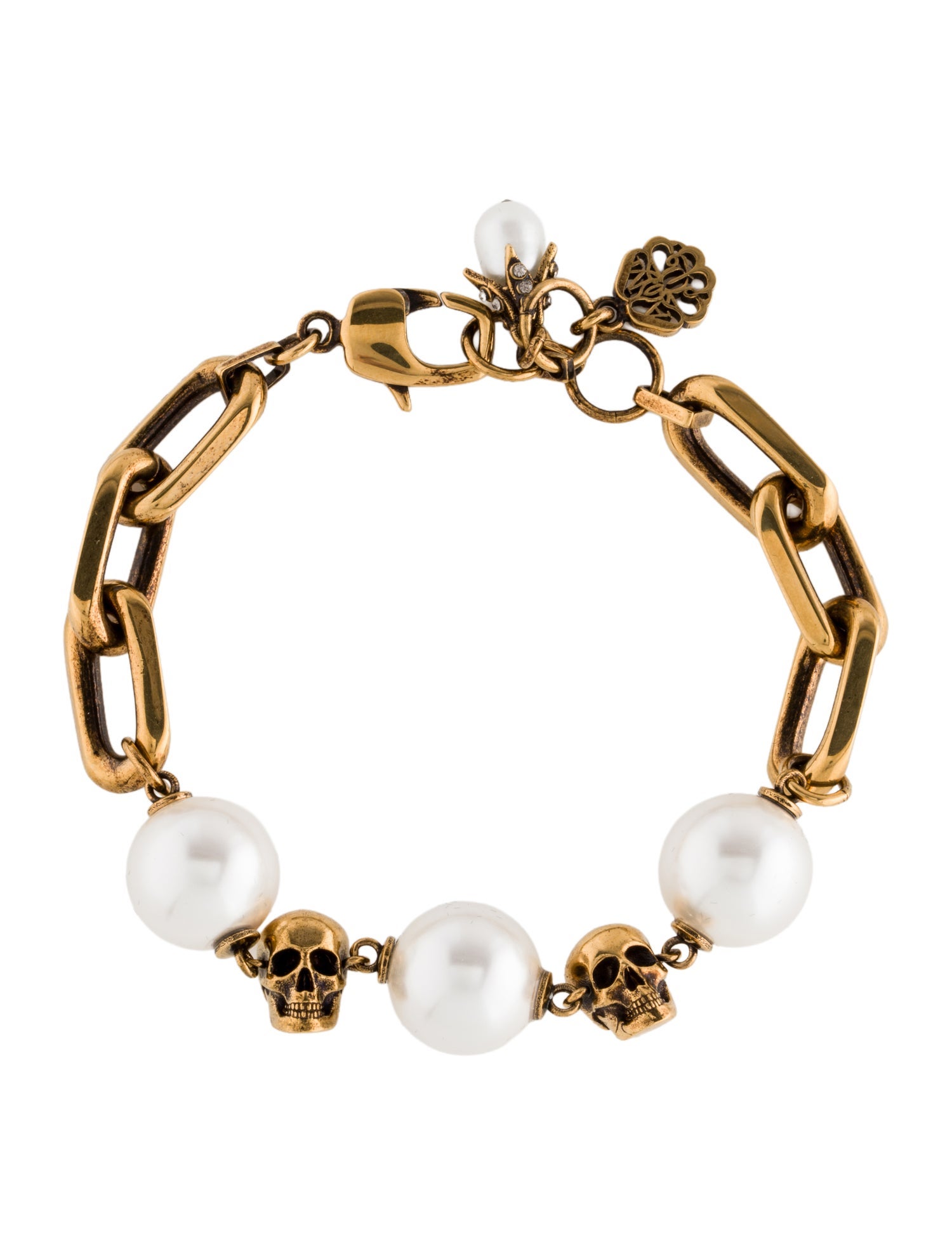 Alexander McQueen Pearl, Faux Pearl & Crystal Skull Chain Bracelet