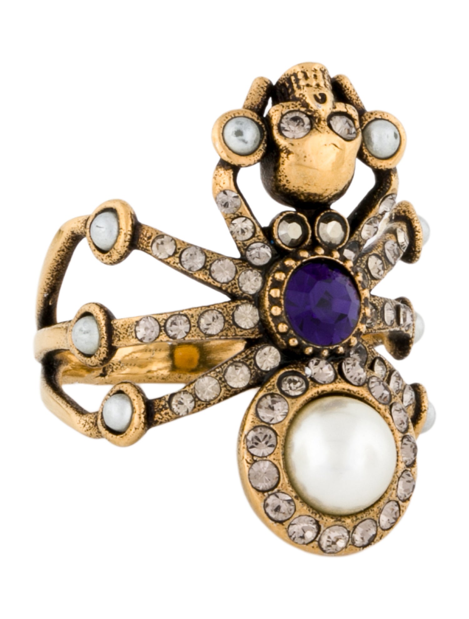 Alexander McQueen Crystal & Faux Pearl Spider Skull Cocktail Ring