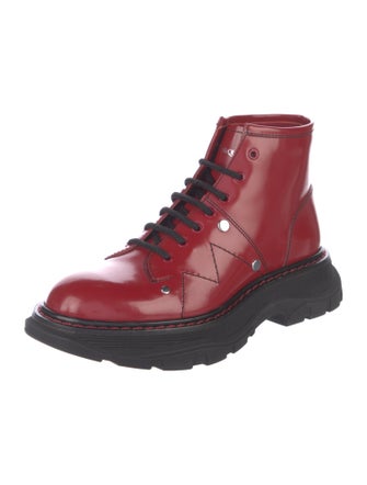 Alexander McQueen Patent Leather Colorblock Pattern Combat Boots