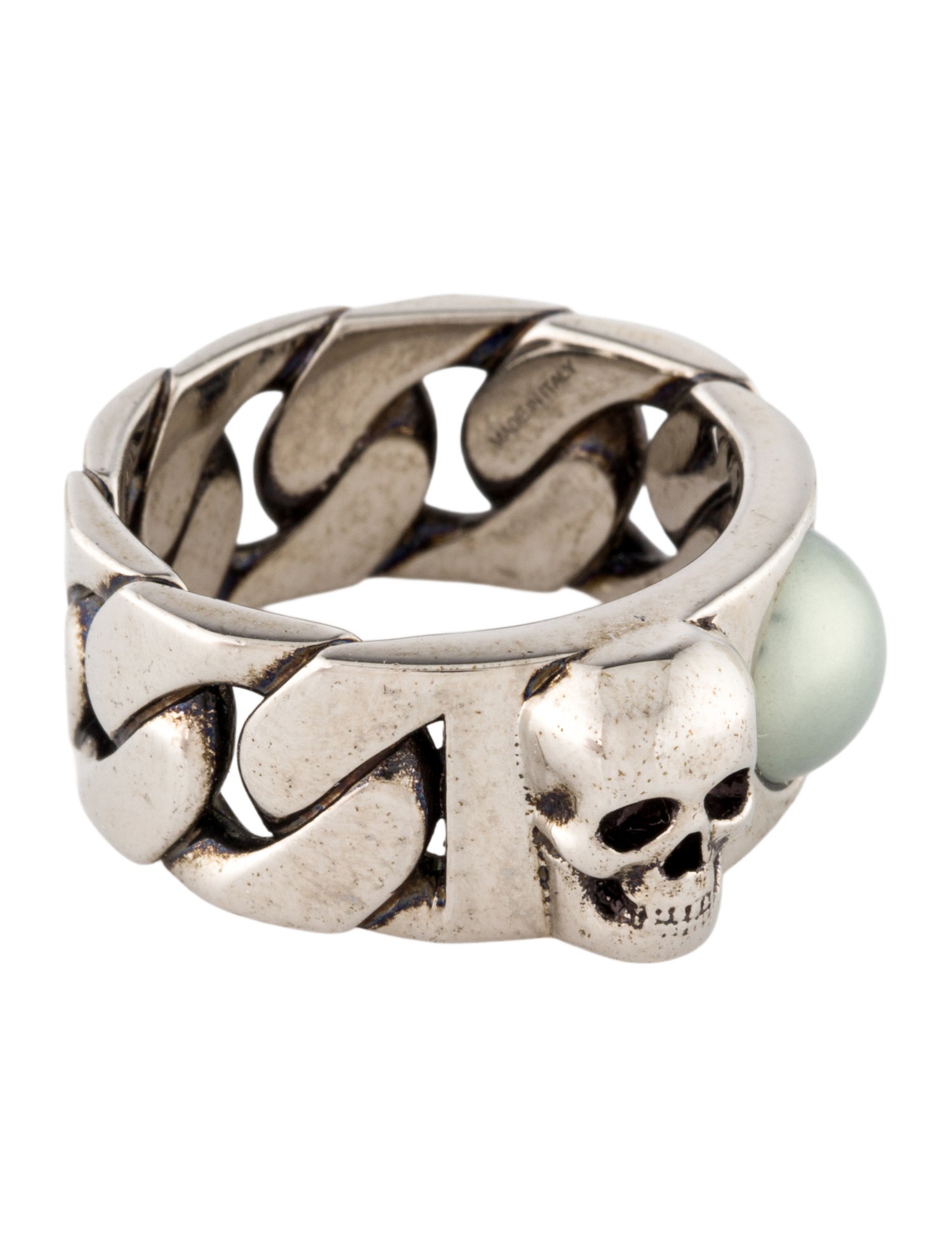 Alexander McQueen Faux Pearl Skull Chain Ring