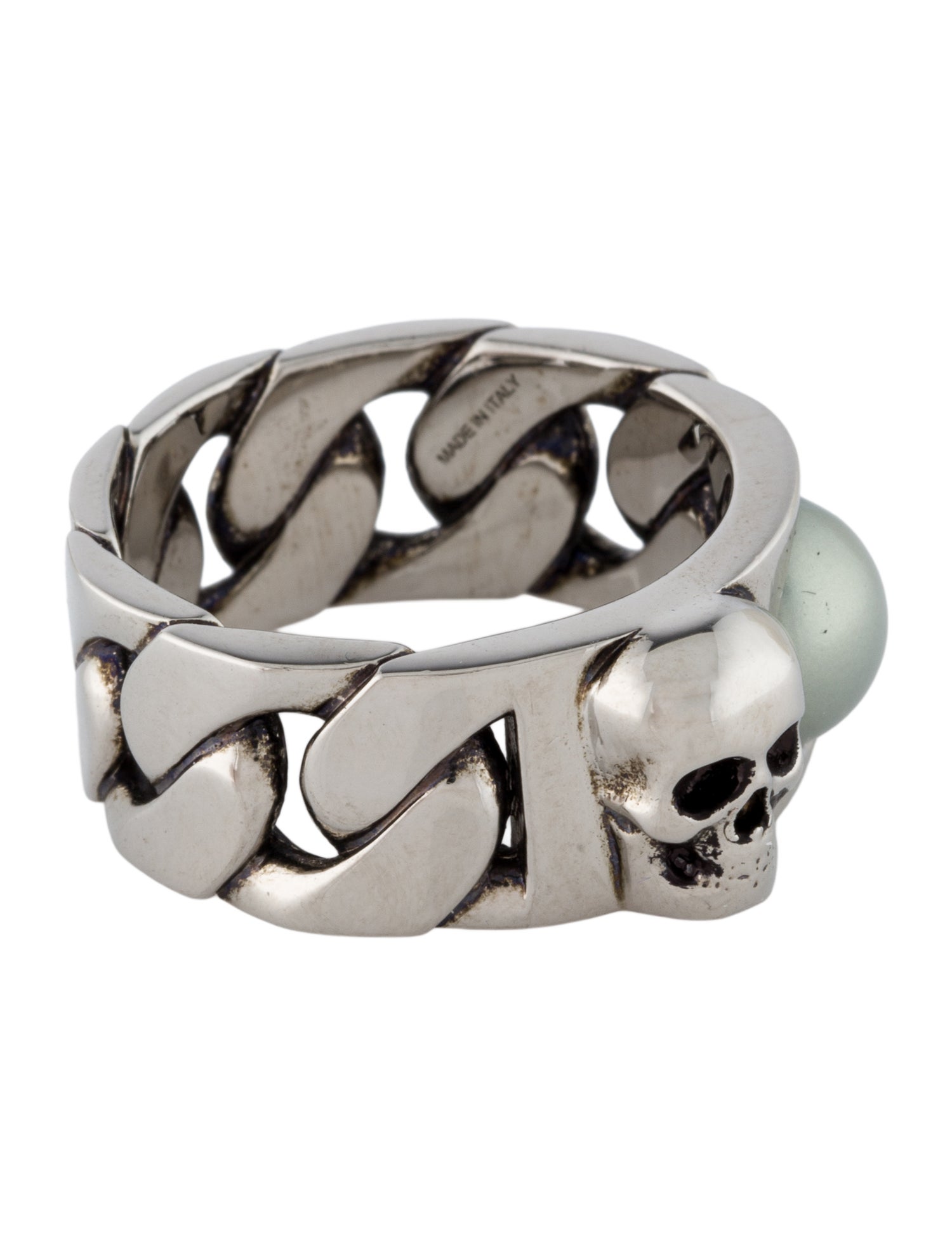 Alexander McQueen Faux Pearl Skull Chain Ring