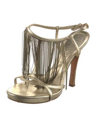 Alexander McQueen Leather Fringe Trim Accent T-Strap Sandals