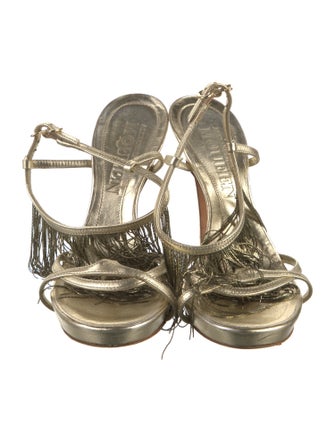 Alexander McQueen Leather Fringe Trim Accent T-Strap Sandals