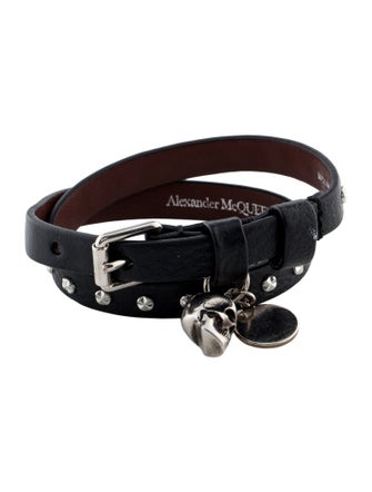 Alexander McQueen Leather Studded Skull Charm Double Wrap Bracelet