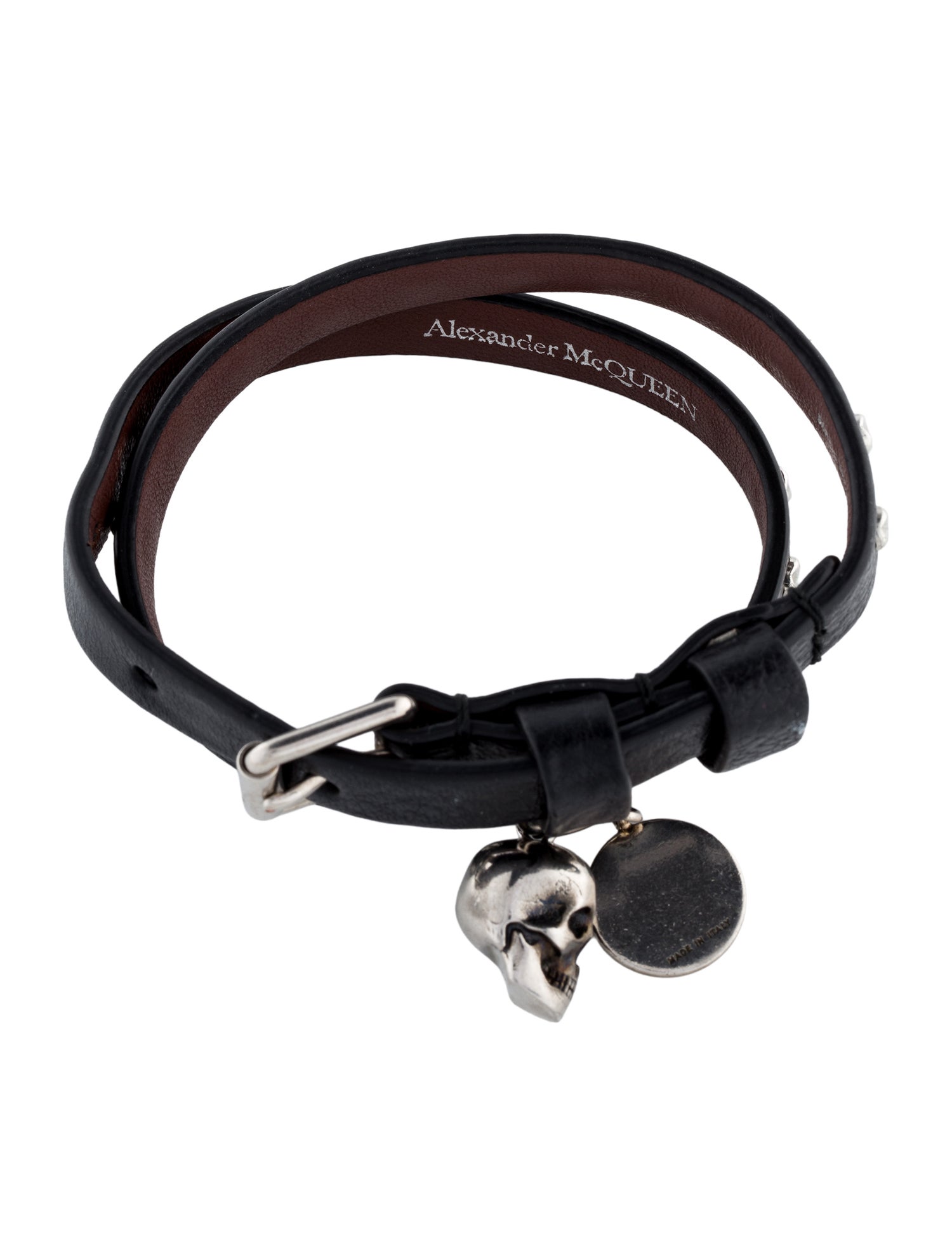 Alexander McQueen Leather Studded Skull Charm Double Wrap Bracelet