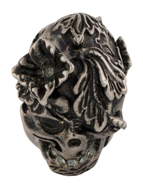 Alexander McQueen Crystal Flower & Leaf Skull Cocktail Ring