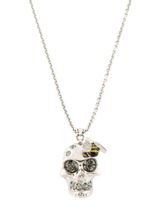 Alexander McQueen Crystal & Enamel Bee Skull Pendant Necklace