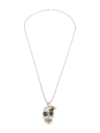Alexander McQueen Crystal & Enamel Bee Skull Pendant Necklace