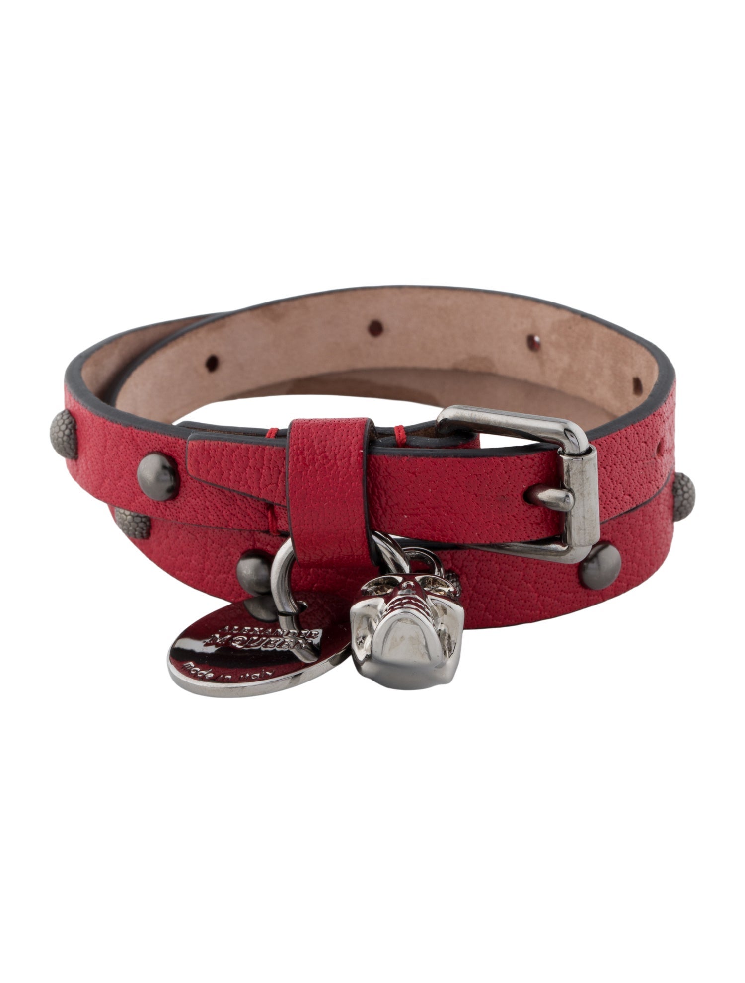 Alexander McQueen Leather Studded Skull Charm Double Wrap Bracelet