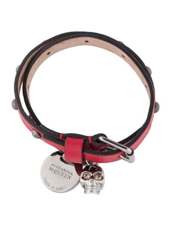 Alexander McQueen Leather Studded Skull Charm Double Wrap Bracelet