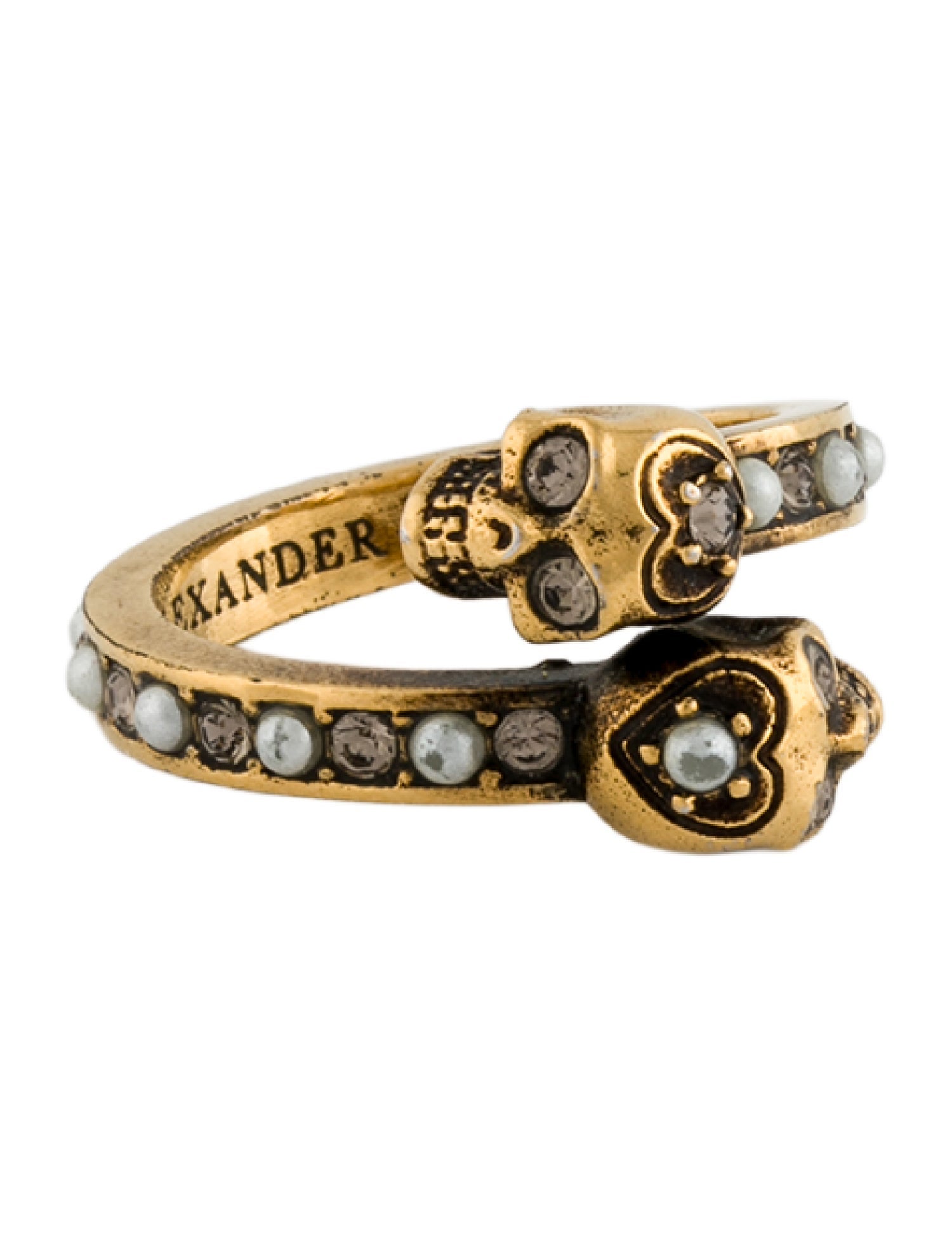 Alexander McQueen Faux Pearl & Crystal Twin Skull Ring