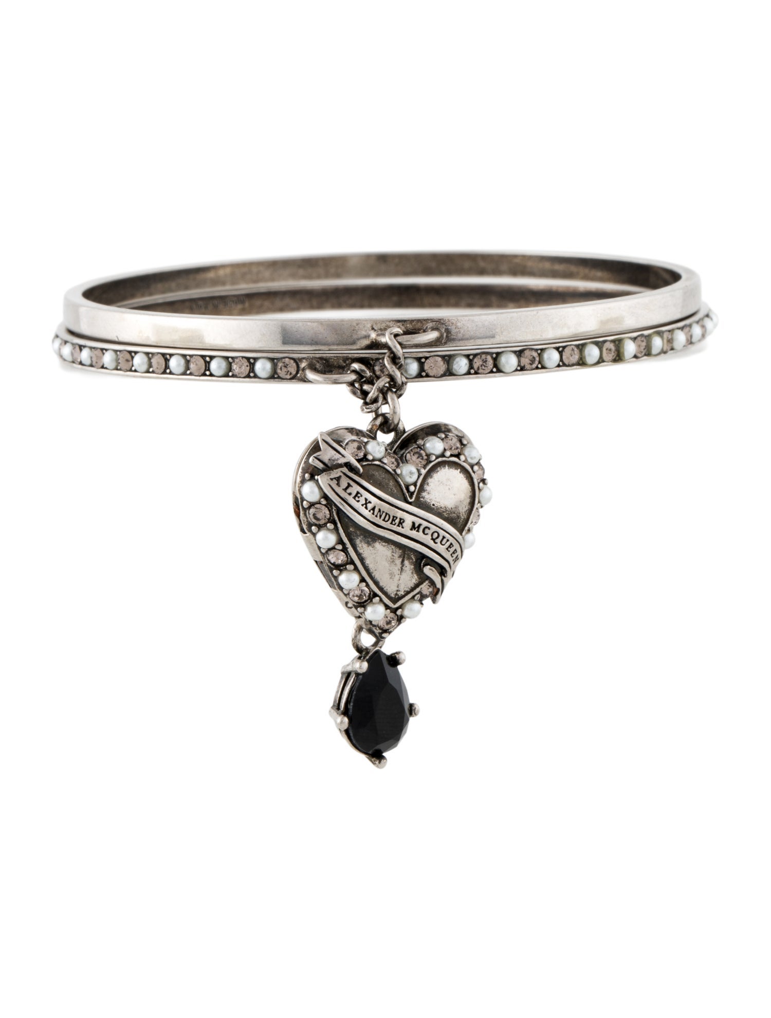 Alexander McQueen Faux Pearl & Crystal Heart Locket Charm Layered Bangle Bracelet