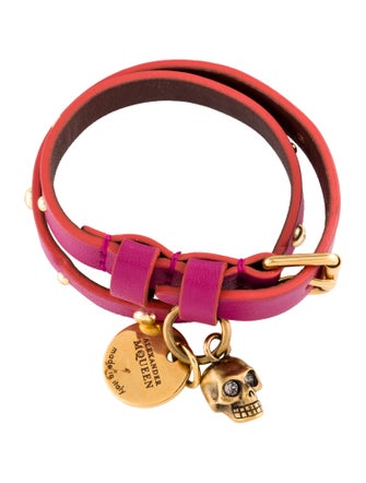 Alexander McQueen Crystal Skull Studded Leather Double Wrap Bracelet