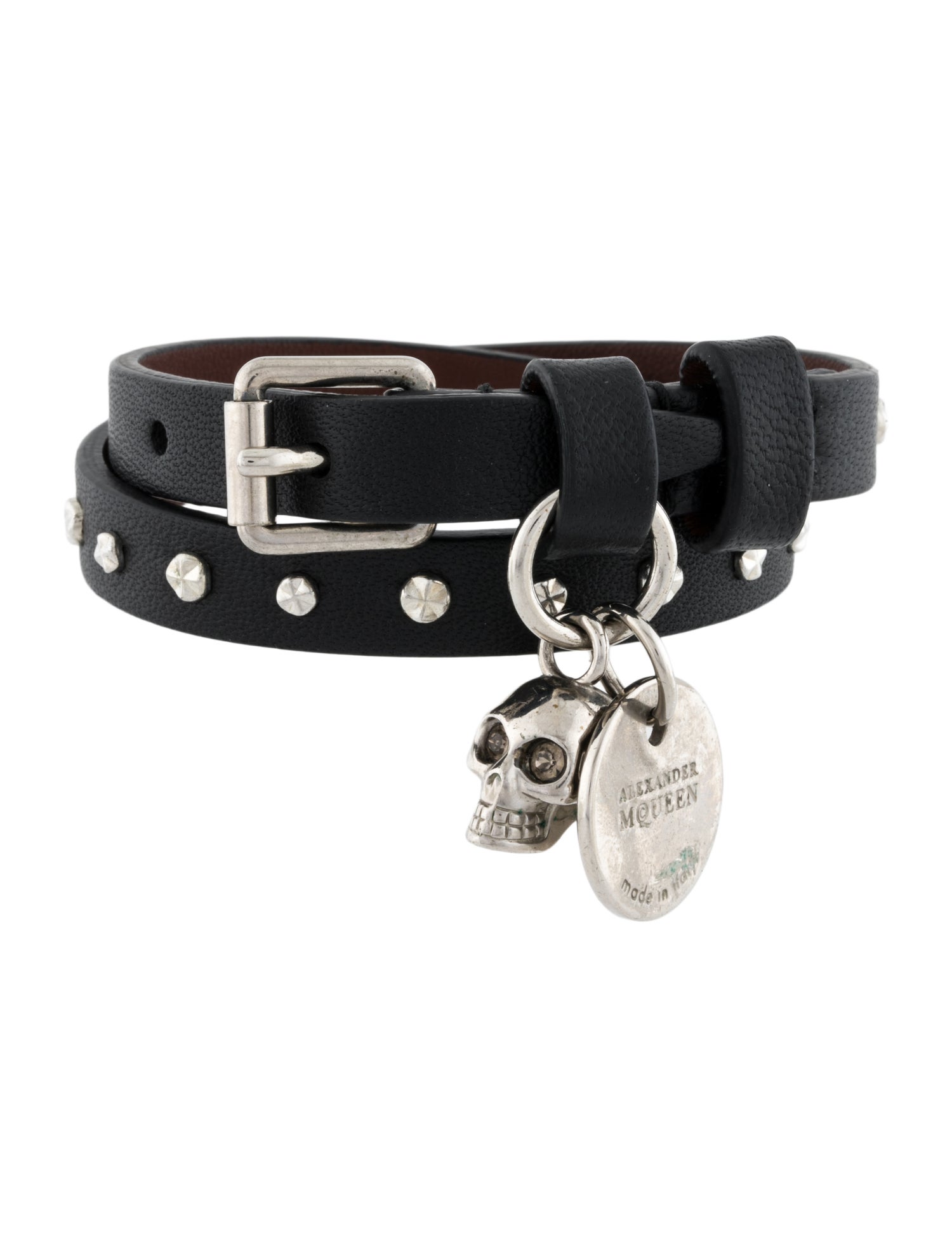 Alexander McQueen Leather Studded Skull Charm Double Wrap Bracelet