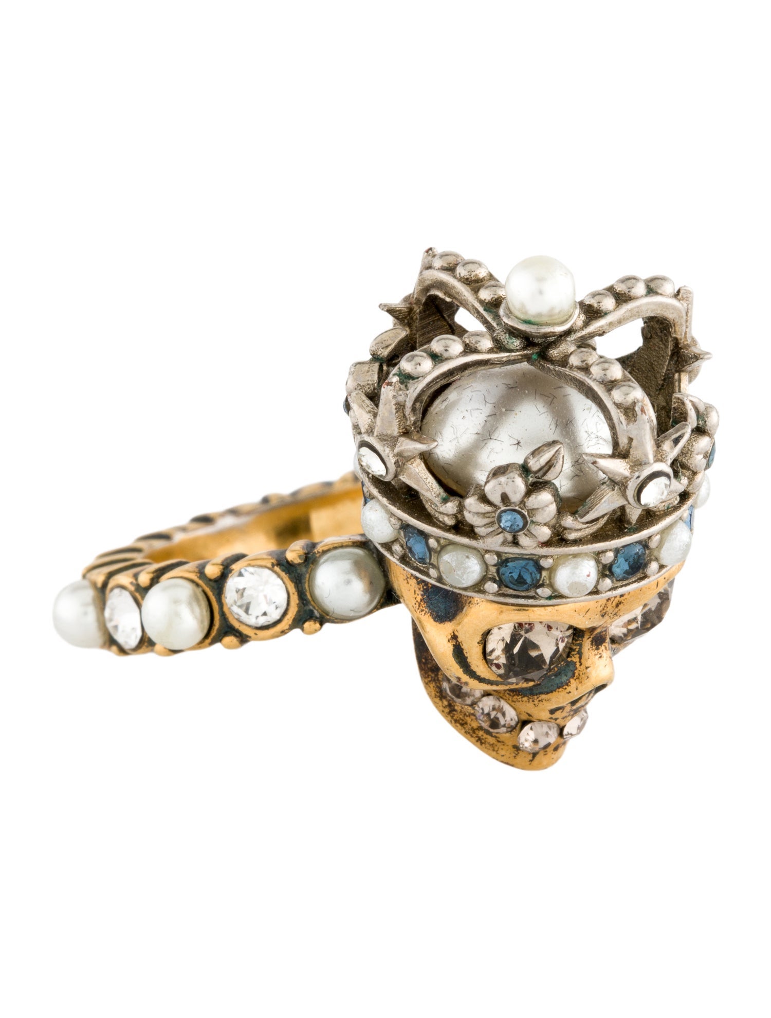 Alexander McQueen Faux Pearl & Crystal Skull Cocktail Ring