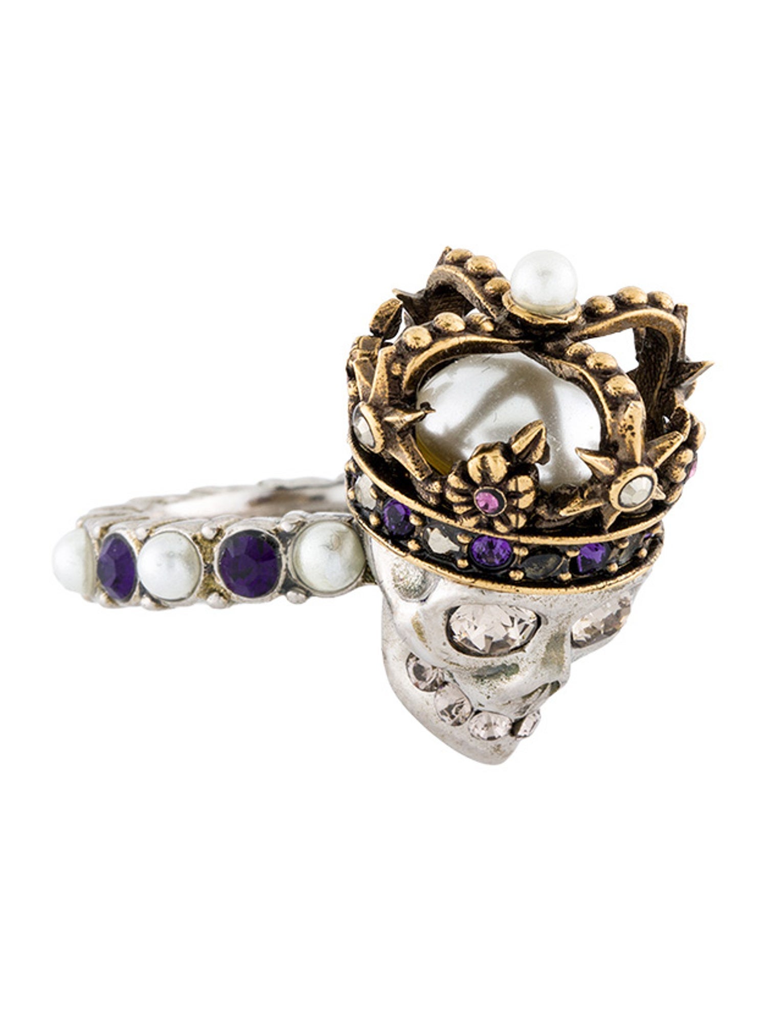 Alexander McQueen Faux Pearl & Crystal Skull Cocktail Ring