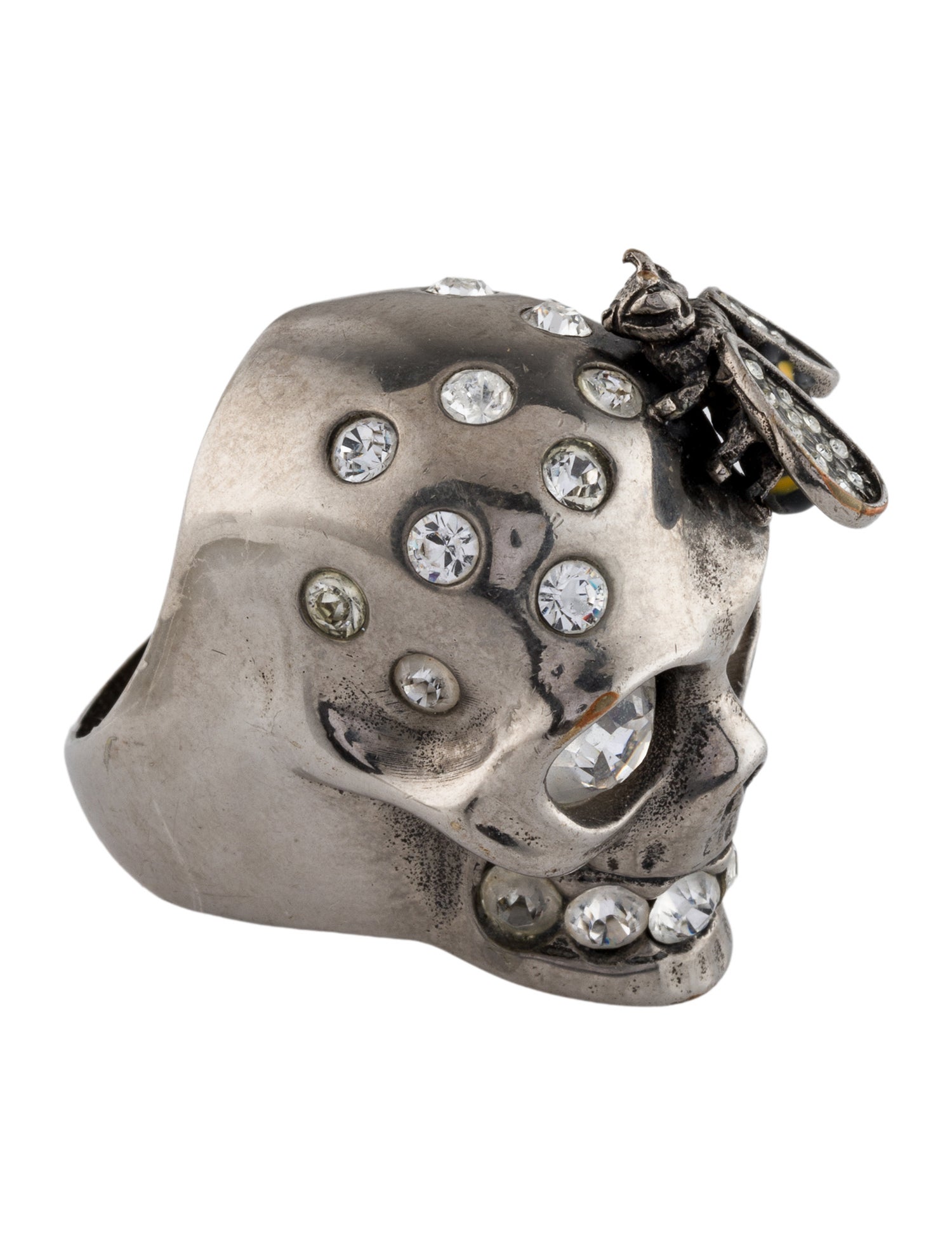 Alexander McQueen Crystal & Enamel Bee Skull Cocktail Ring