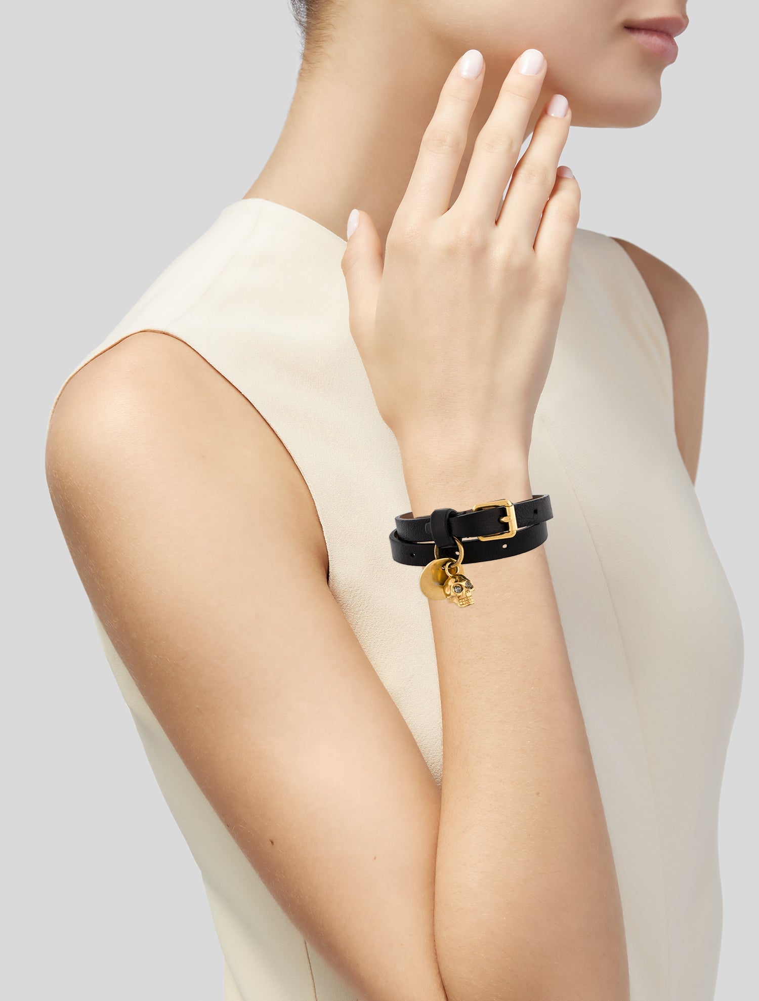 Alexander McQueen Leather & Crystal Skull Double Wrap Bracelet