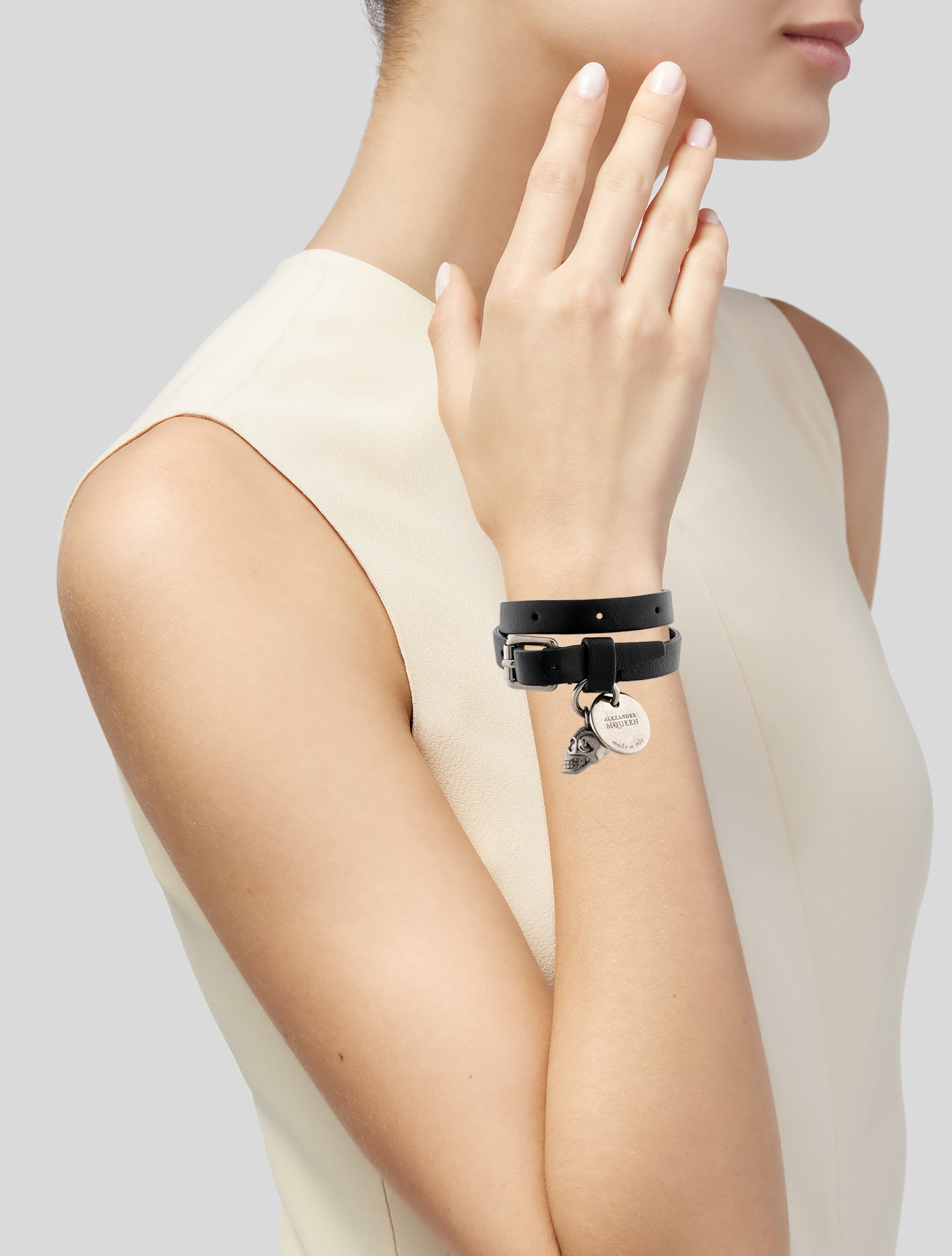 Alexander McQueen Leather & Crystal Skull Double Wrap Bracelet