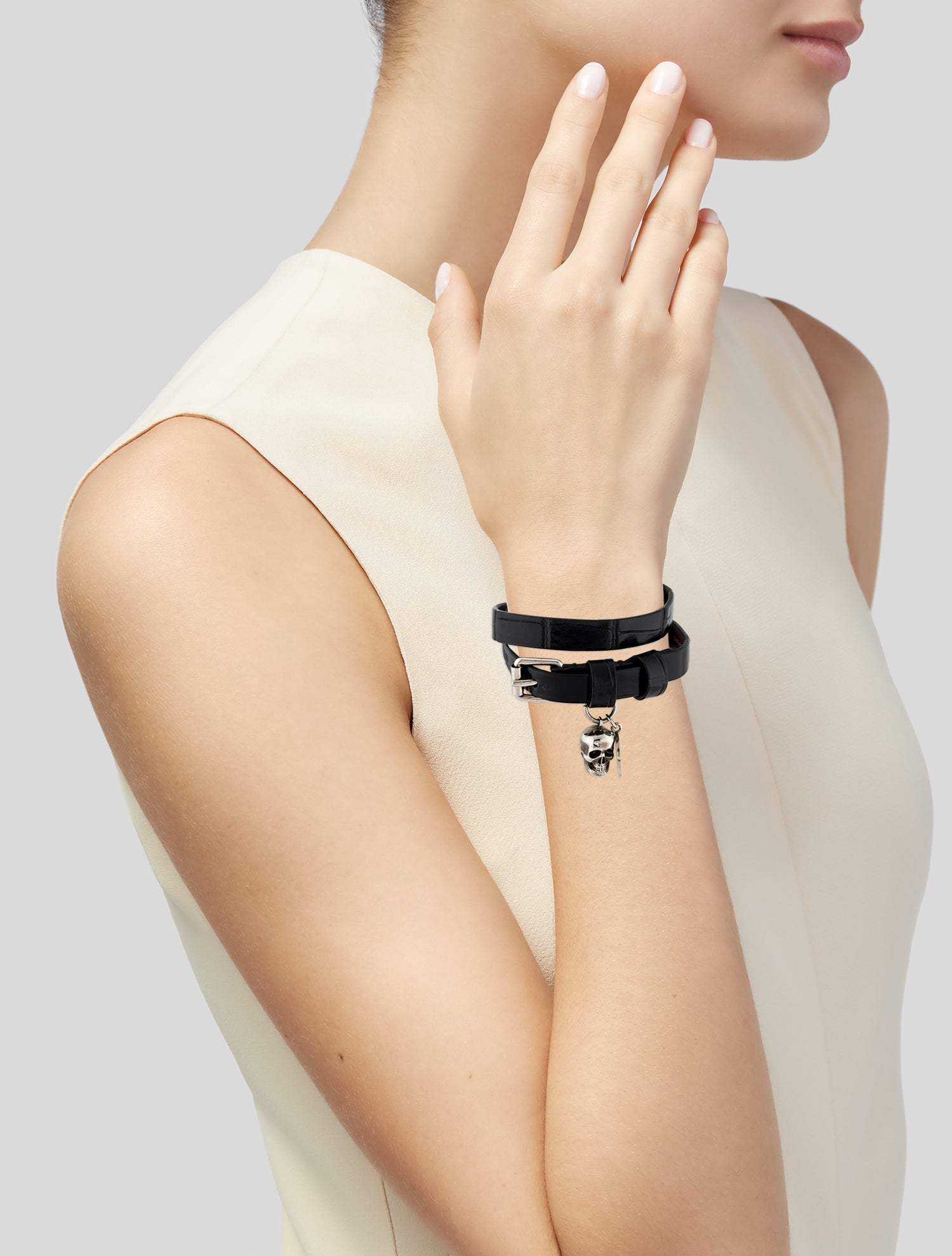 Alexander McQueen Leather Skull Double Wrap Bracelet - Black Wrap