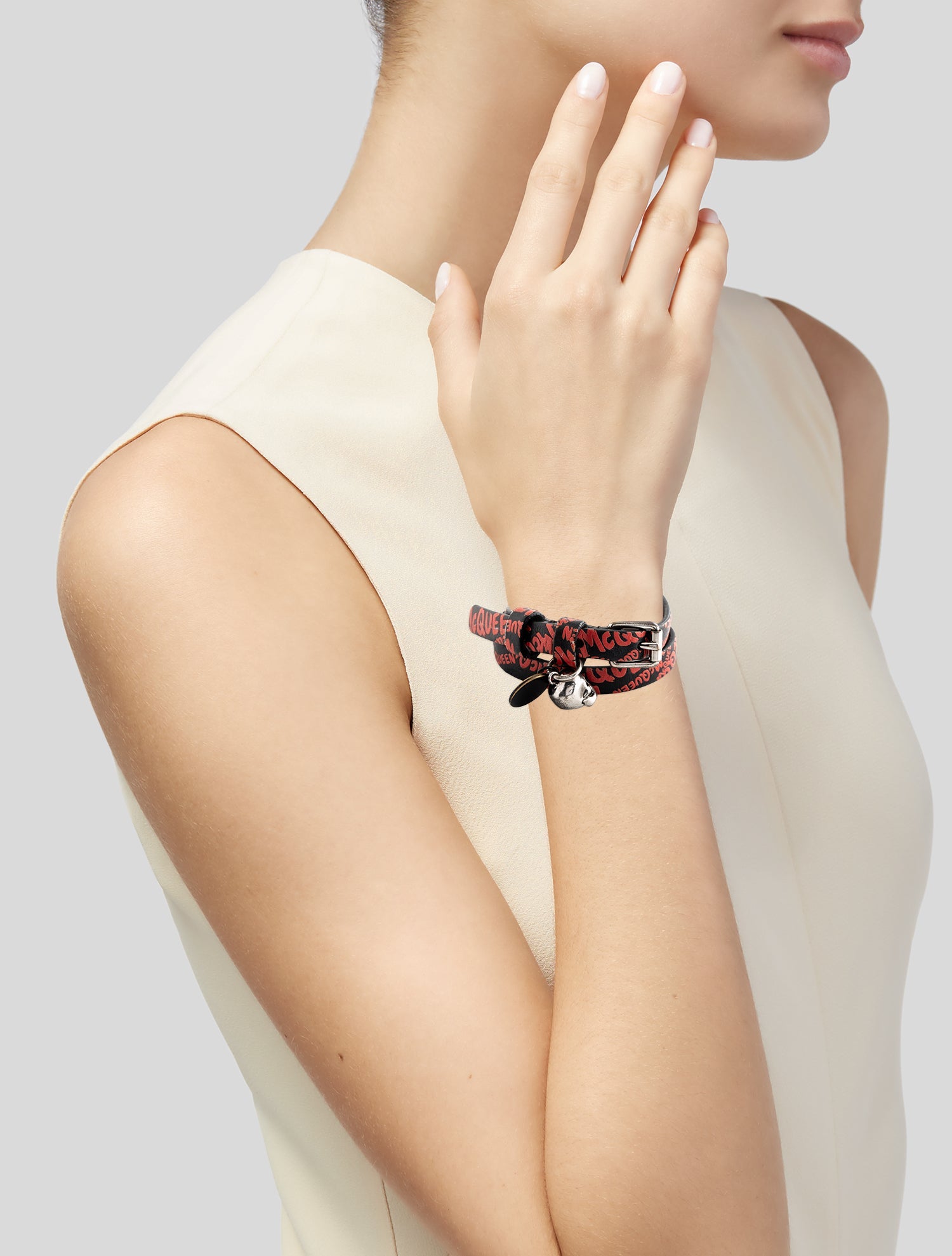 Alexander McQueen Leather Logo Skull Charm Double Wrap Bracelet