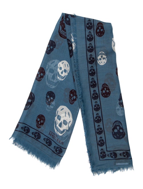 Alexander McQueen Silk Blend Skull Scarf Blue
