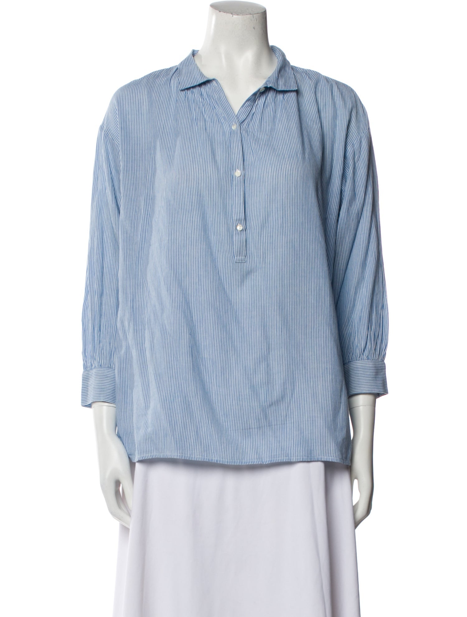 Adam Lippes Striped Three-Quarter Sleeve Button-Up Top