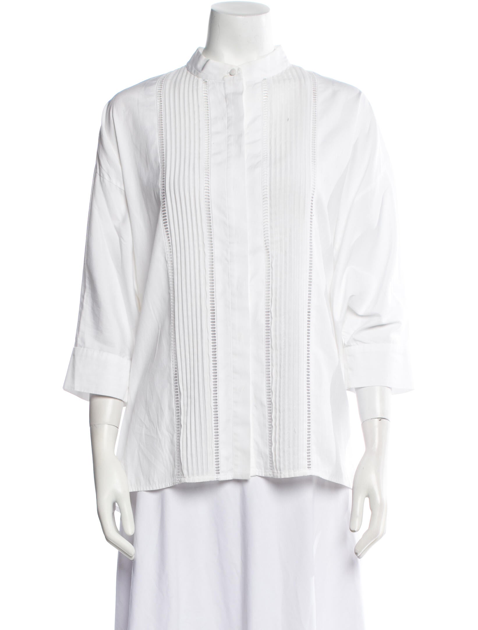 Adam Lippes Mock Neck Three-Quarter Sleeve Button-Up Top
